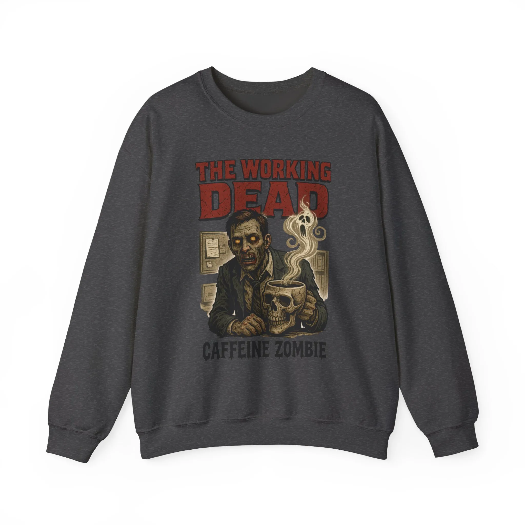 The Working Dead Men's Funny Zombie Sweatshirt, Office Humor Crewneck, Halloween Zombie Top, Coffee Zombie Sweatshirt - Image 16