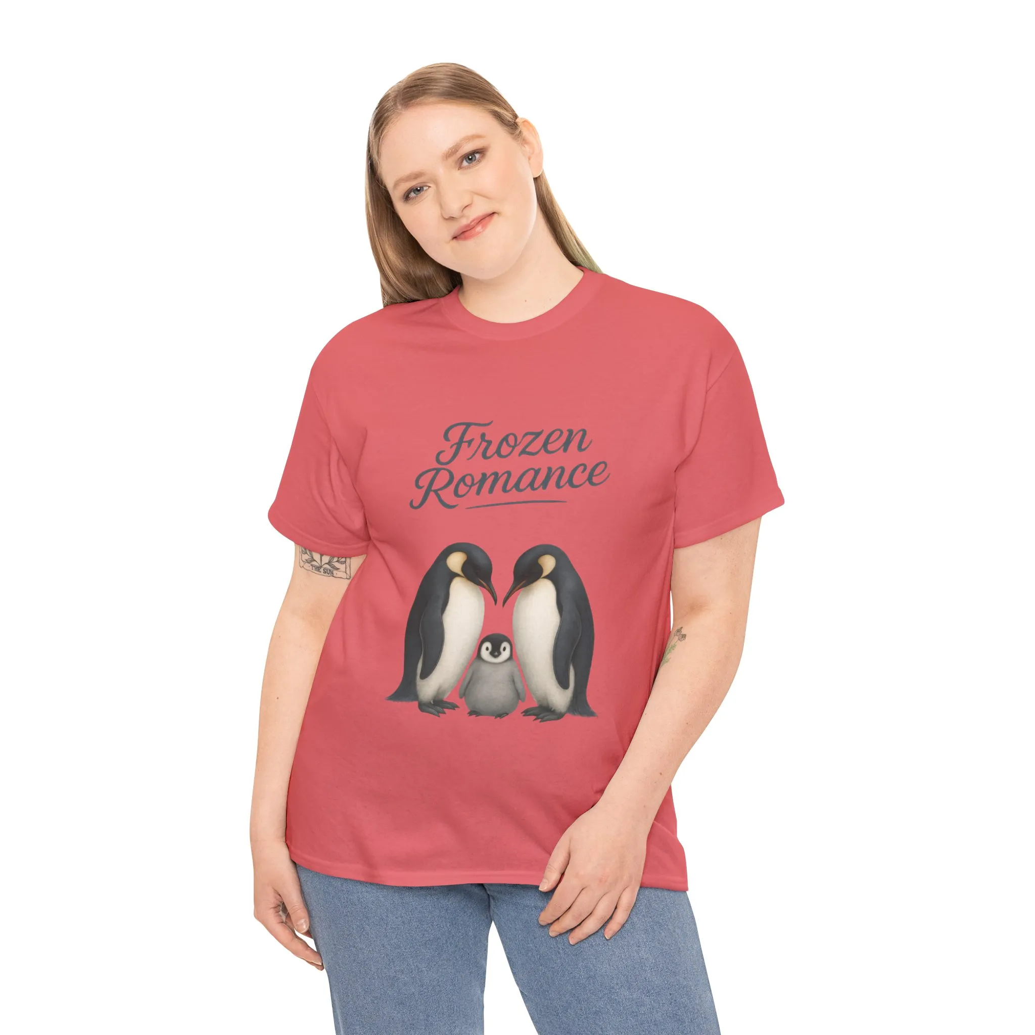 Womens Heavy Cotton Tee, Womens Frozen Romance Penguin T-Shirt, Cute Animal Graphic Tee, Love Birds Shirt Gift - Image 9