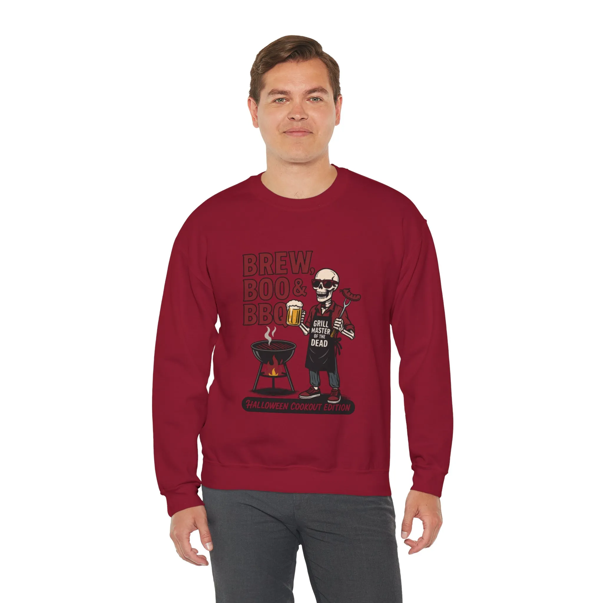 Halloween BBQ Men's Sweatshirt, Brew Boo & BBQ Skeleton Grill Master, Spooky Dad Gift, Skeleton Dad Sweat, Grill Master Crew - Image 24