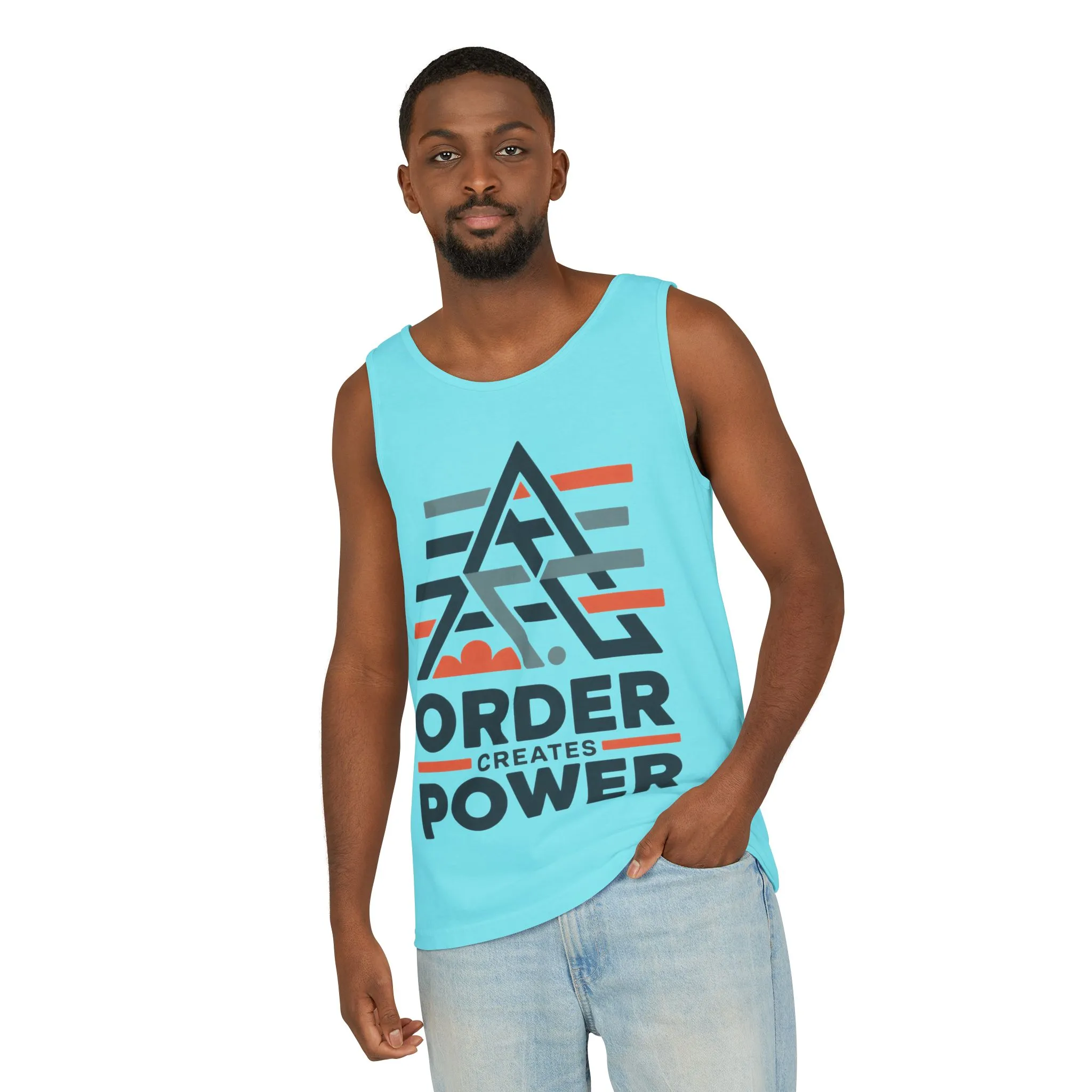 Mens Garment-Dyed Tank Top, Mens Tank Top Order Creates Power, Minimal Geometric Motivational Graphic Summer Shirt - Image 14