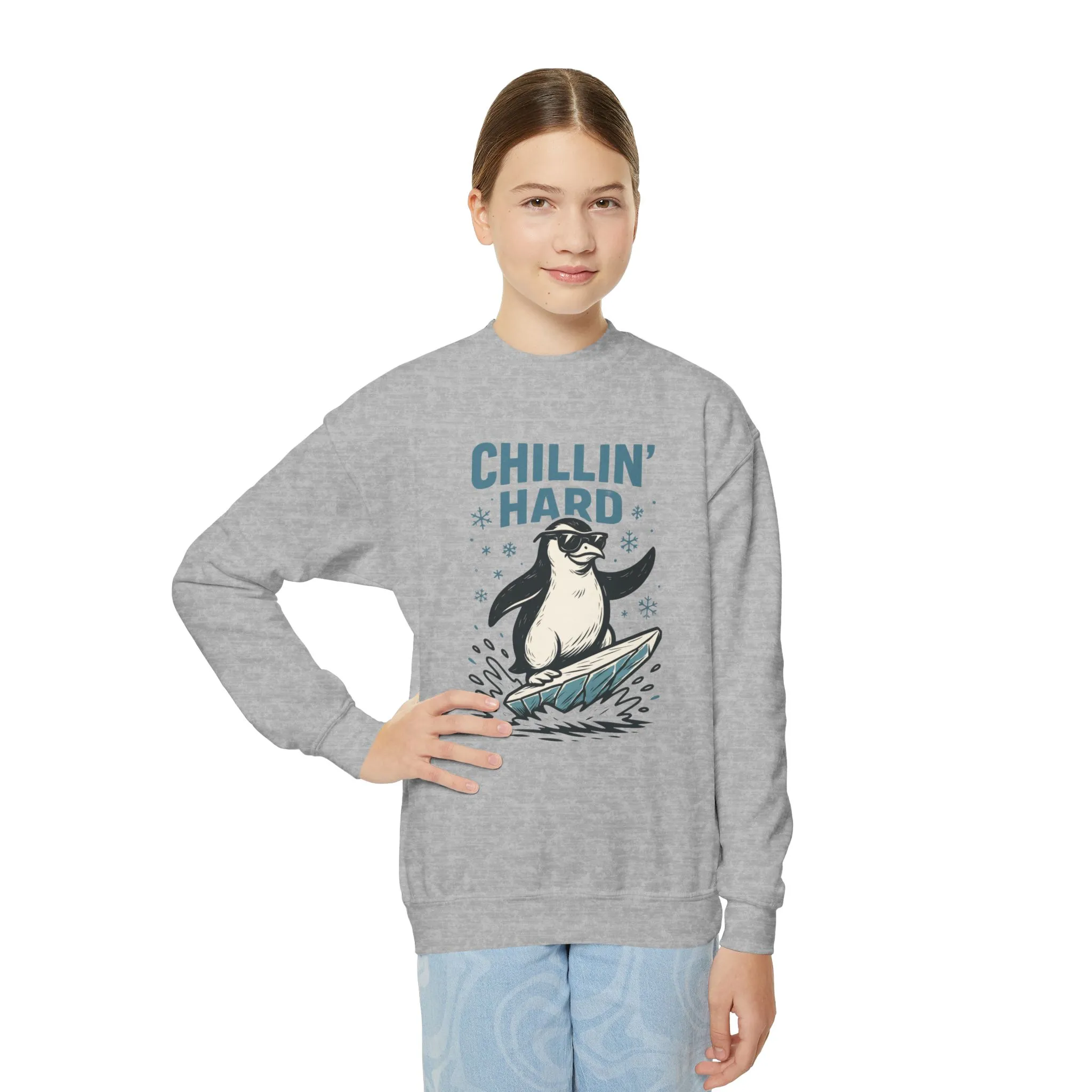 Youth Crewneck Sweatshirt, Kids Chillin Hard Penguin Sweatshirt, Funny Cool Animal Pullover for Children - Image 3