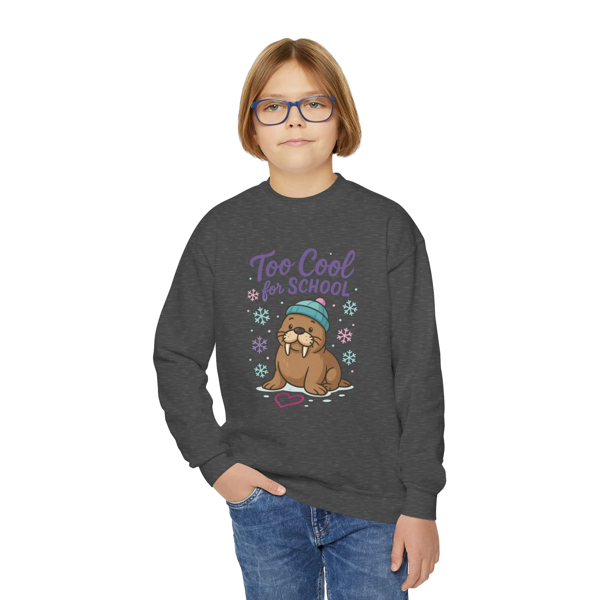 Youth Crewneck Sweatshirt, Kids Too Cool for School Walrus Sweatshirt, Funny Animal Pullover, Cute Winter Top - Image 15