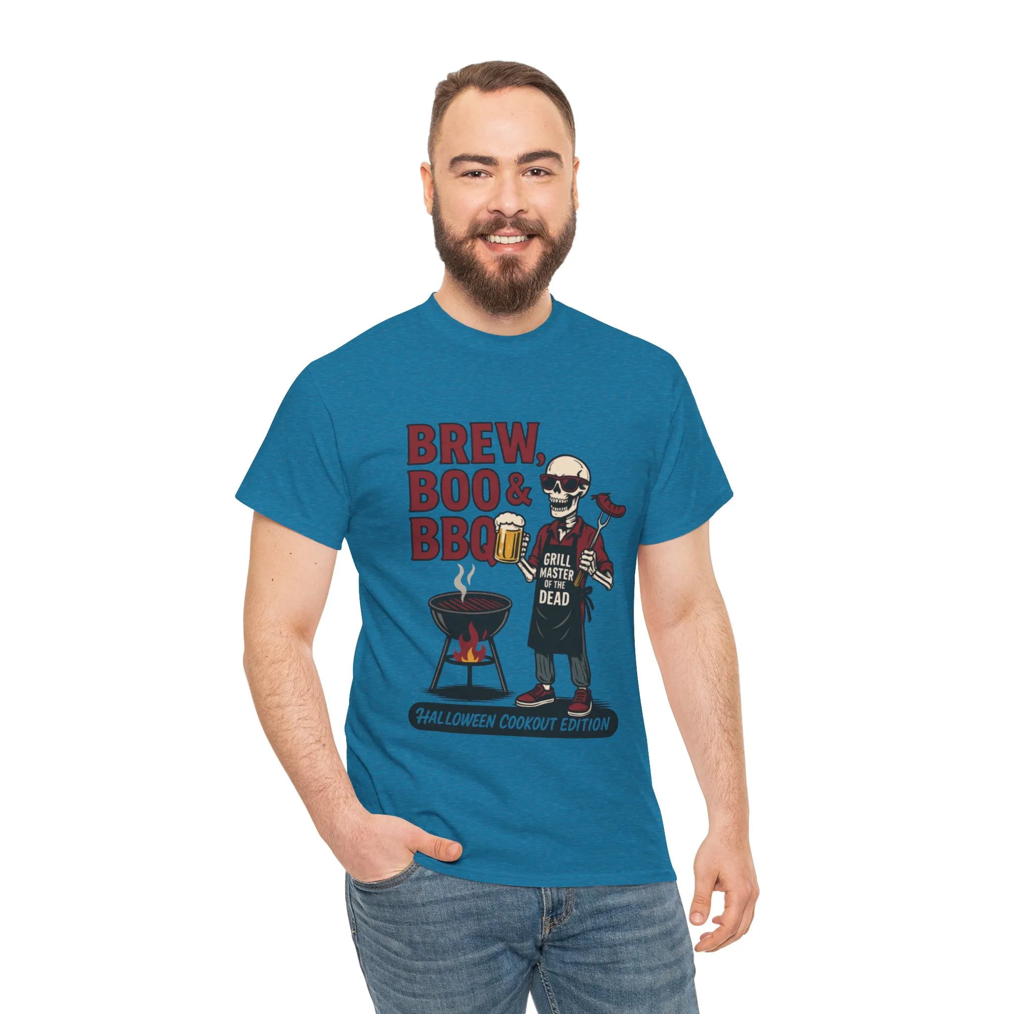 Halloween BBQ Men's T-Shirt, Brew Boo&BBQ Skeleton Grill Master Tee, Funny Dad Gift, Grill Master Tee, Grill Dad Halloween - Image 3