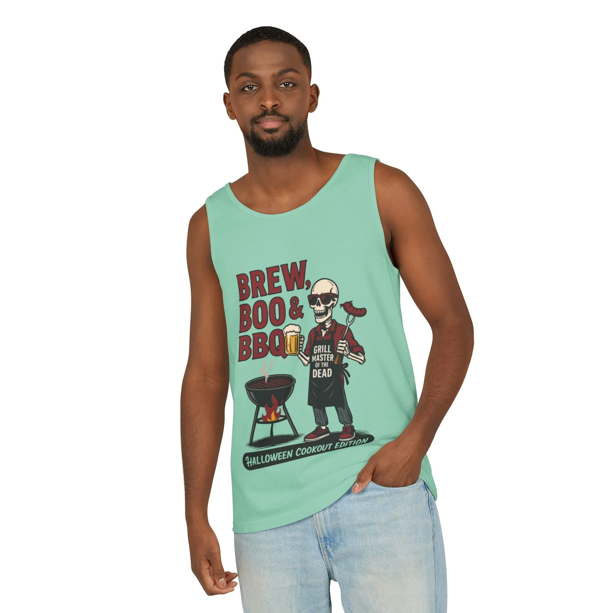 Halloween BBQ Men's Tank Top, Brew Boo & BBQ Skeleton Grill Master, Funny Dad Gift, Grill Master Top, Funny Skeleton Top - Image 8