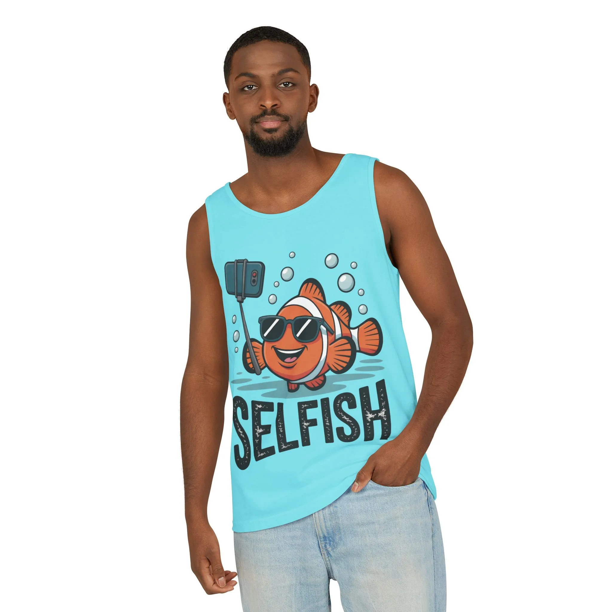 Mens Garment-Dyed Tank Top, Mens Selfish Funny Fish Tank Top, Cute Selfie Graphic Shirt, Ocean Humor Top - Image 17