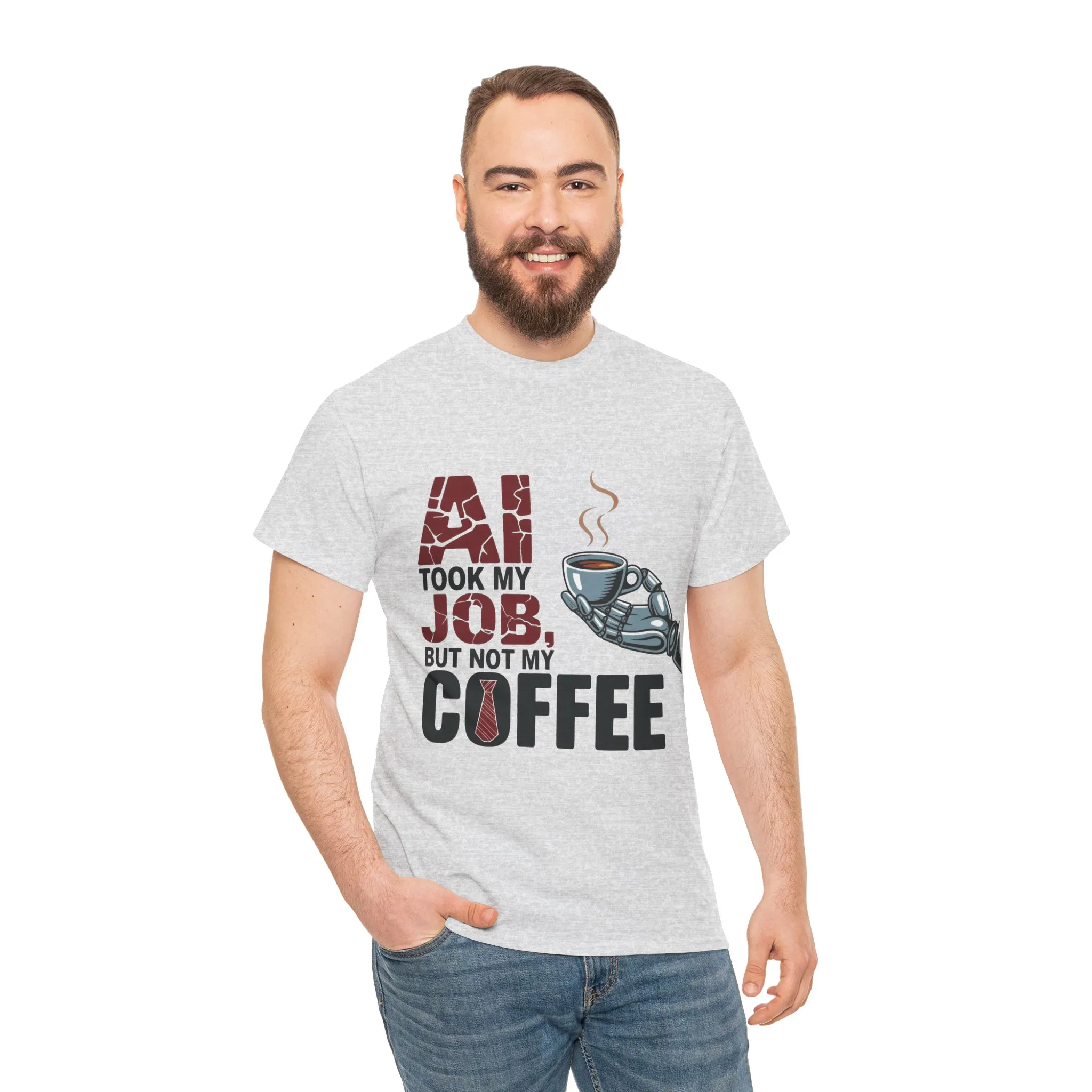 Men's AI Coffee T-Shirt, Funny Robot Humor Graphic Tee, Geek Job Joke Shirt for Him, Men's Heavy Cotton Tee, Sarcastic Work Shirt - Image 5