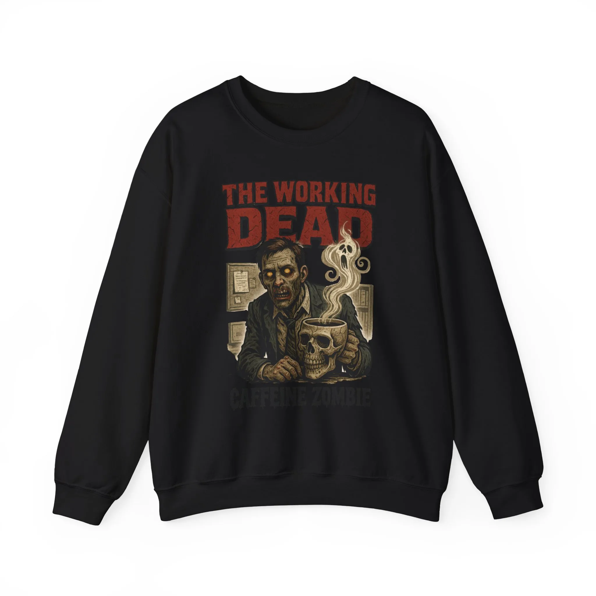 The Working Dead Men's Funny Zombie Sweatshirt, Office Humor Crewneck, Halloween Zombie Top, Coffee Zombie Sweatshirt - Image 2