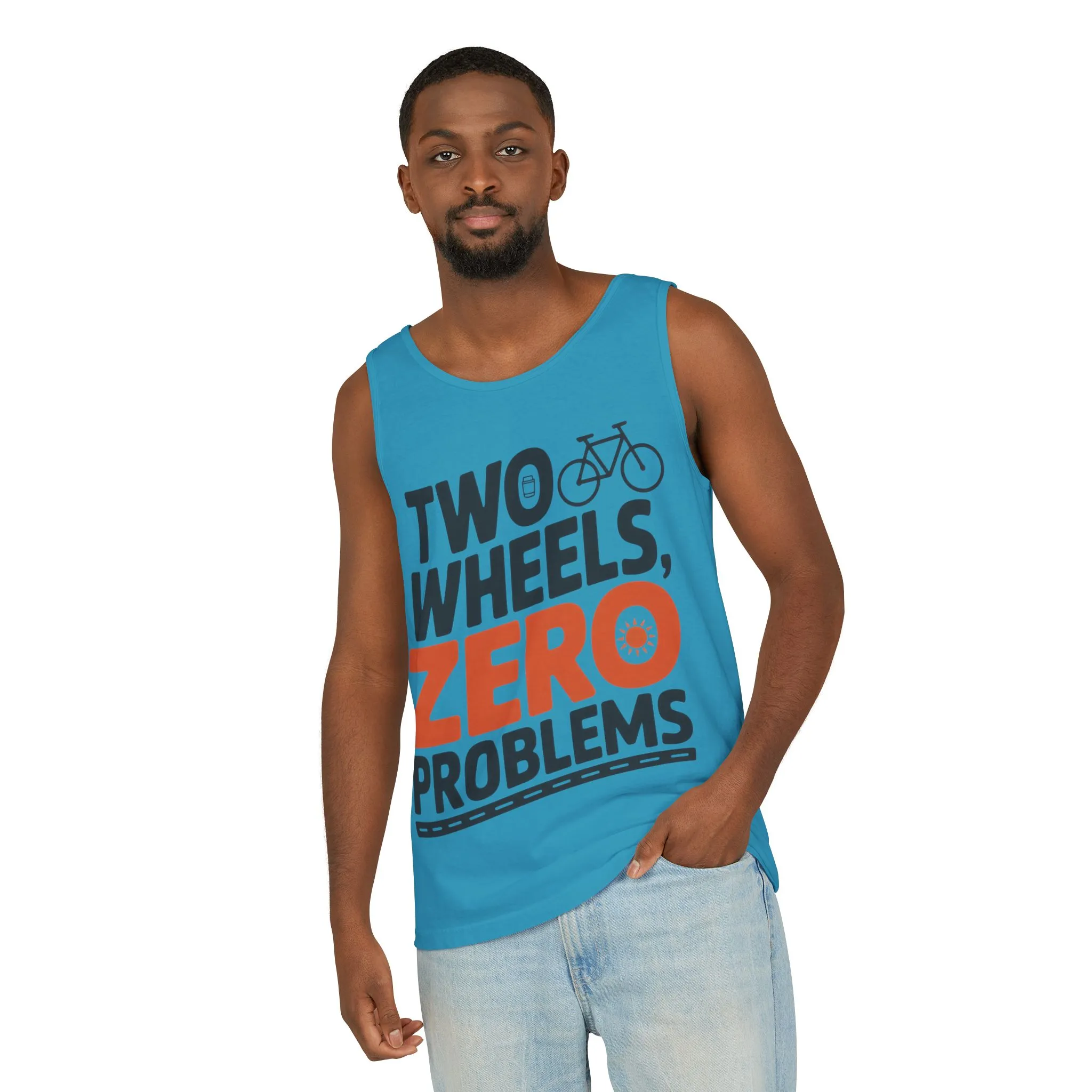 Mens Garment-Dyed Tank Top, Two Wheels Zero Problems Mens Cycling Graphic Tank, Gift for Cyclists - Image 14
