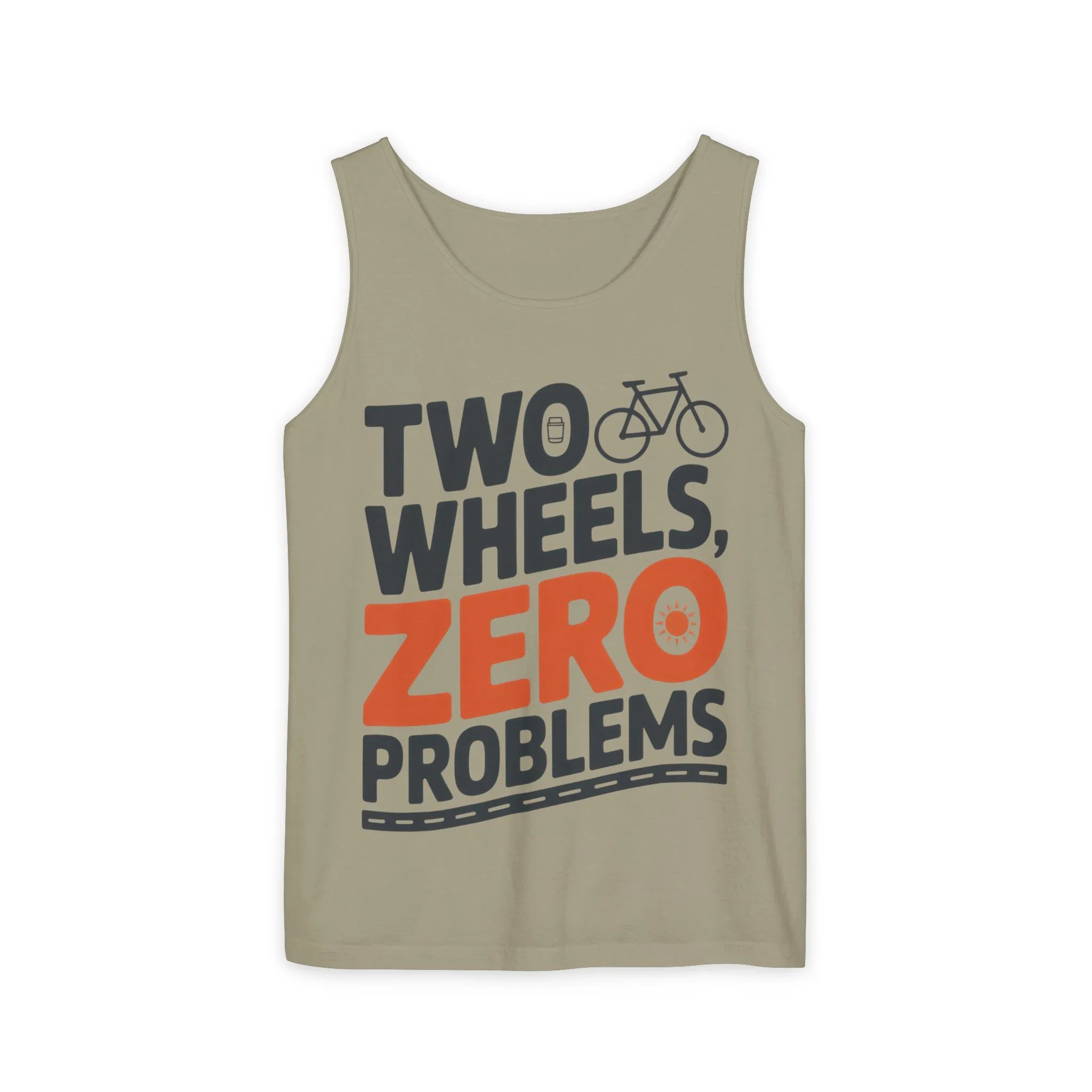 Mens Garment-Dyed Tank Top, Two Wheels Zero Problems Mens Cycling Graphic Tank, Gift for Cyclists - Image 2