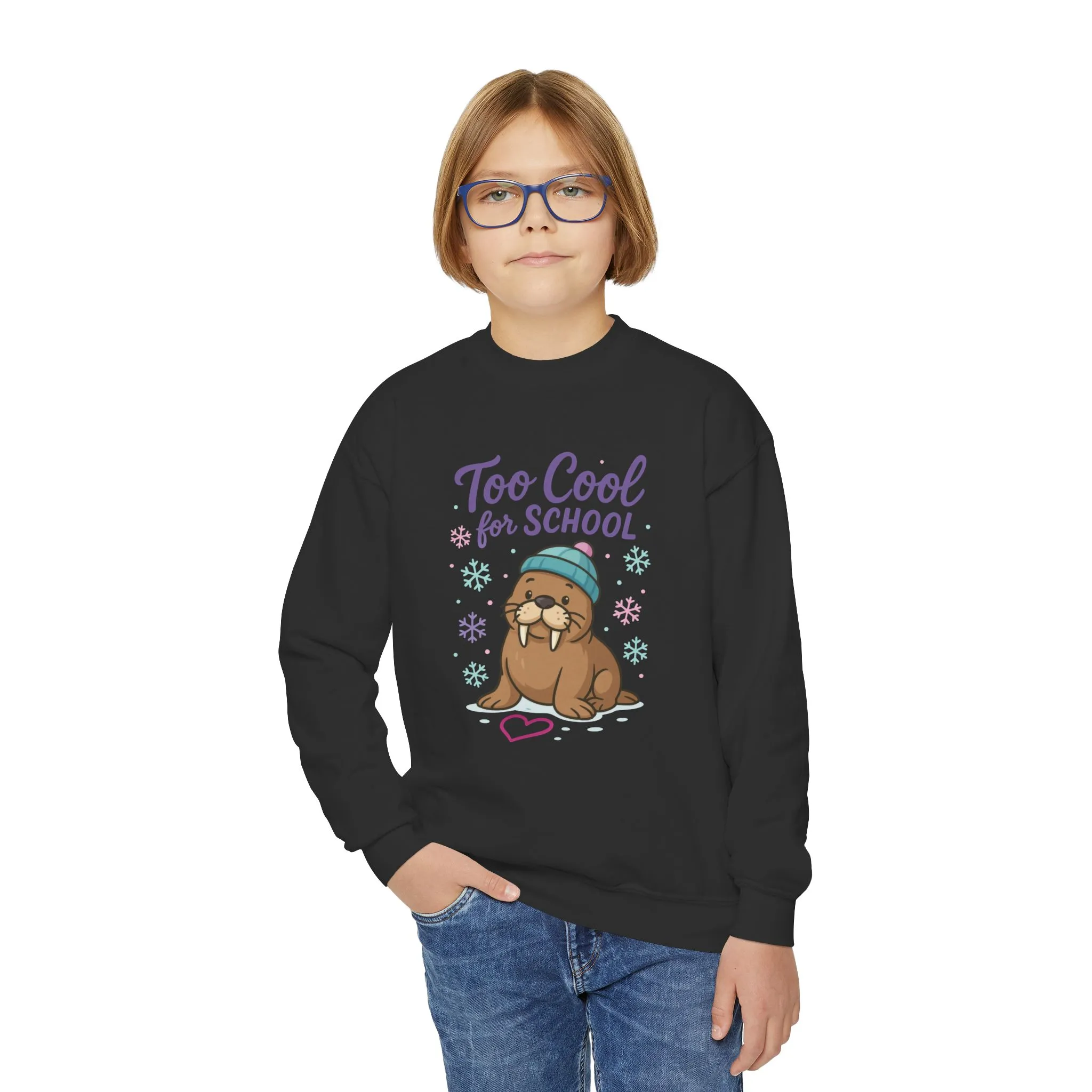 Youth Crewneck Sweatshirt, Kids Too Cool for School Walrus Sweatshirt, Funny Animal Pullover, Cute Winter Top - Image 6