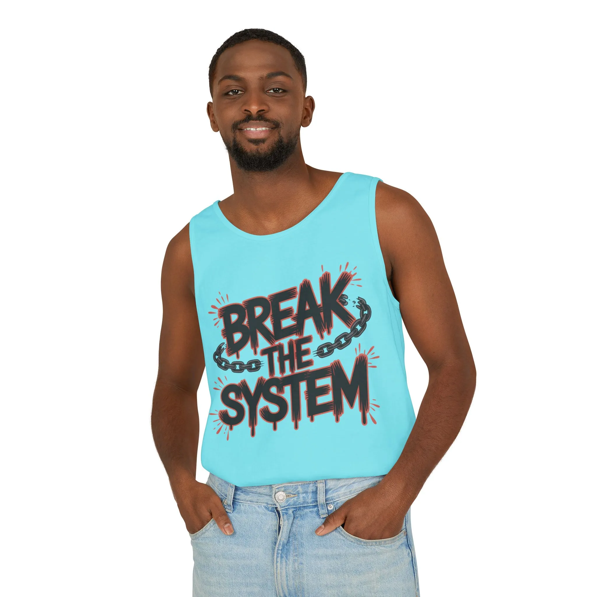 Men's Garment-Dyed Tank Top, Break the System Tank Top, Graphic Protest Muscle Tee, Streetwear Activist Summer Top - Image 18