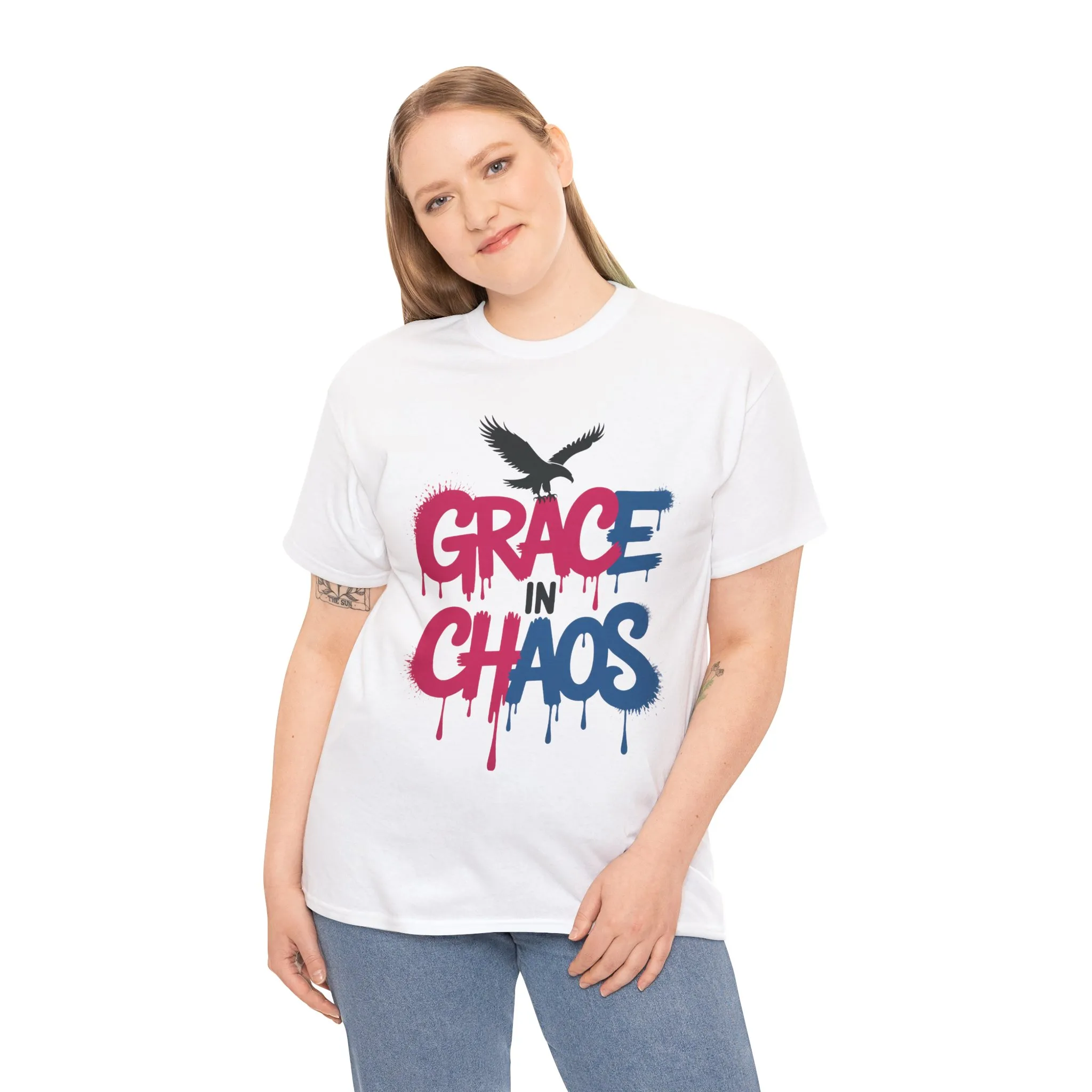 Women's Graffiti T-Shirt, Grace in Chaos Dripping Street Art Tee, Bold Urban Graphic Shirt - Image 3