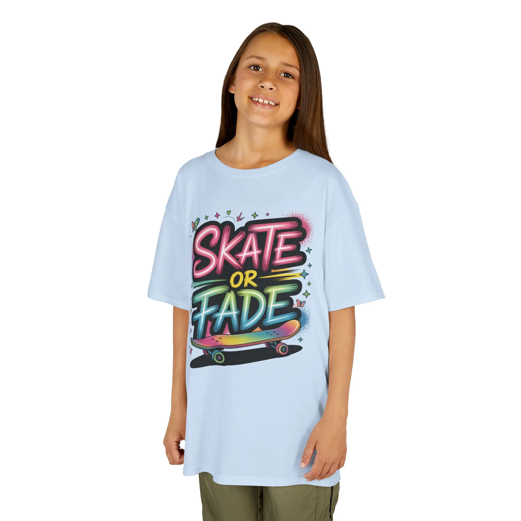 Skate Or Fade Girls Shirt, Colorful Graffiti Skateboarding Tee, Kids Heavy Cotton™ Tee - Image 10