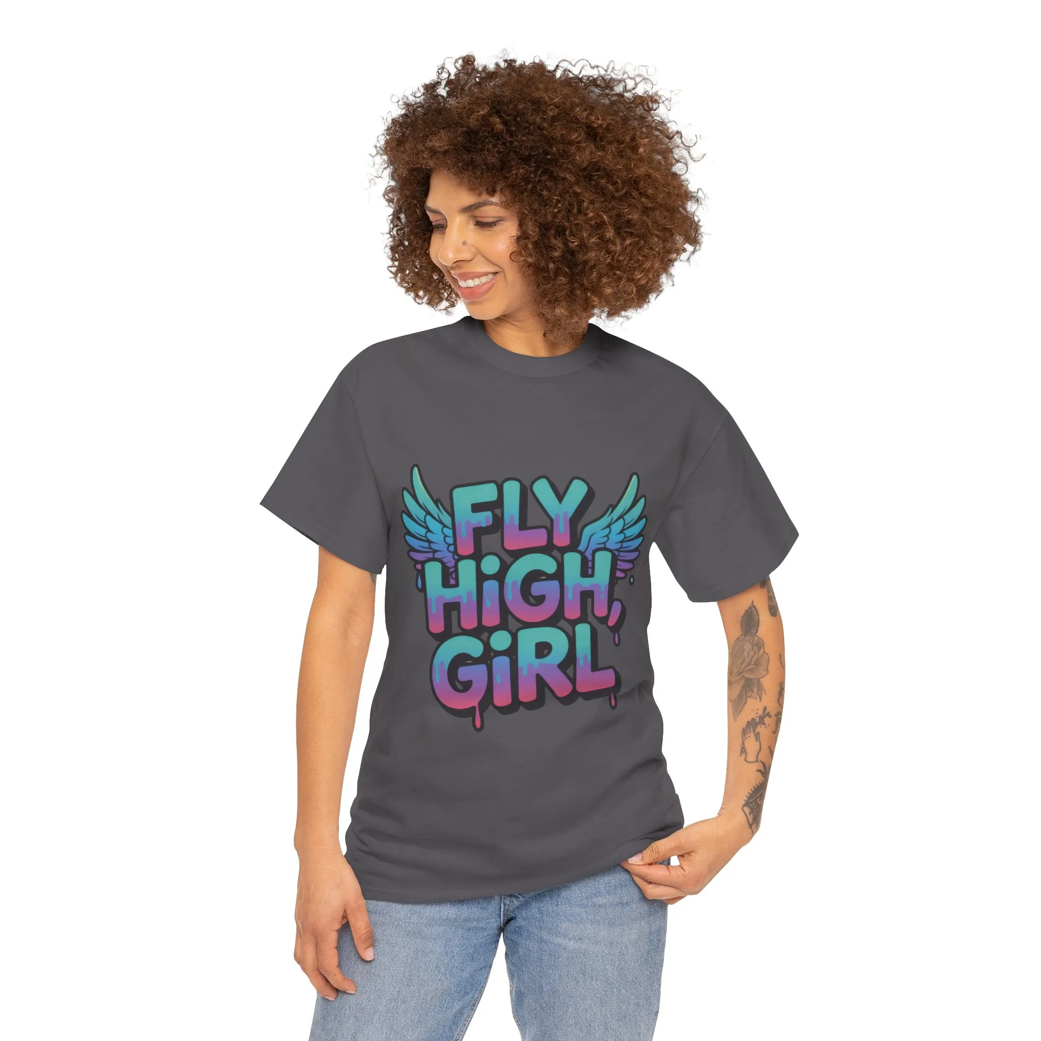 Women's Graphic Tee Fly High Girl, Angel Wings Graffiti Drip T-Shirt, Bold Streetwear Top - Image 14