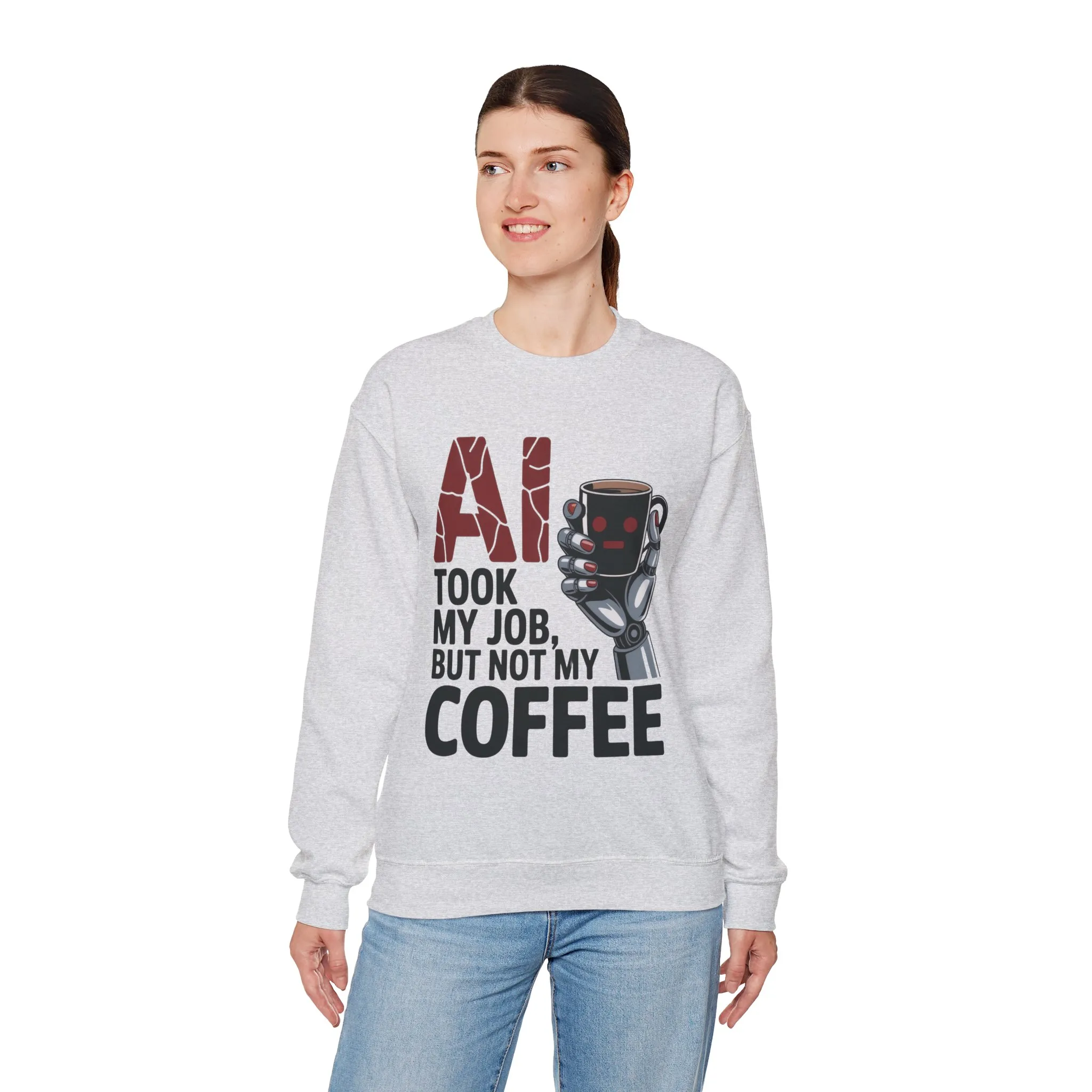 AI Coffee Sweatshirt, Funny Robot Humor Pullover, Geek Sarcastic Job Joke Top, Women's Heavy Blendâ„¢ Crewneck Sweatshirt