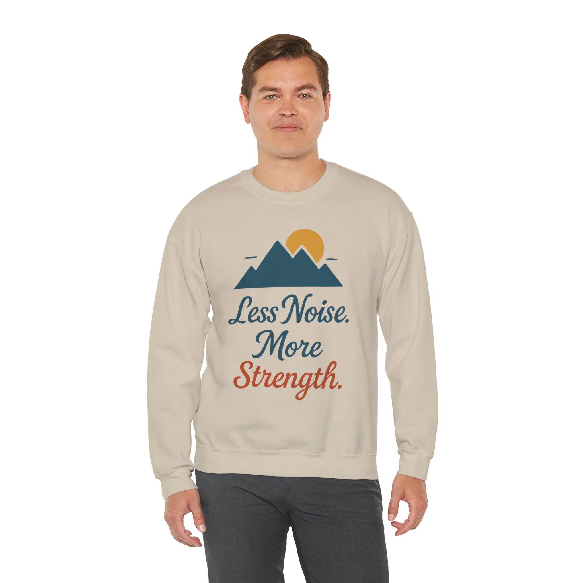 Mens Less Noise More Strength Sweatshirt, Motivational Mountain Pullover Top, Mens Heavy Blend™ Crewneck Sweatshirt - Image 3