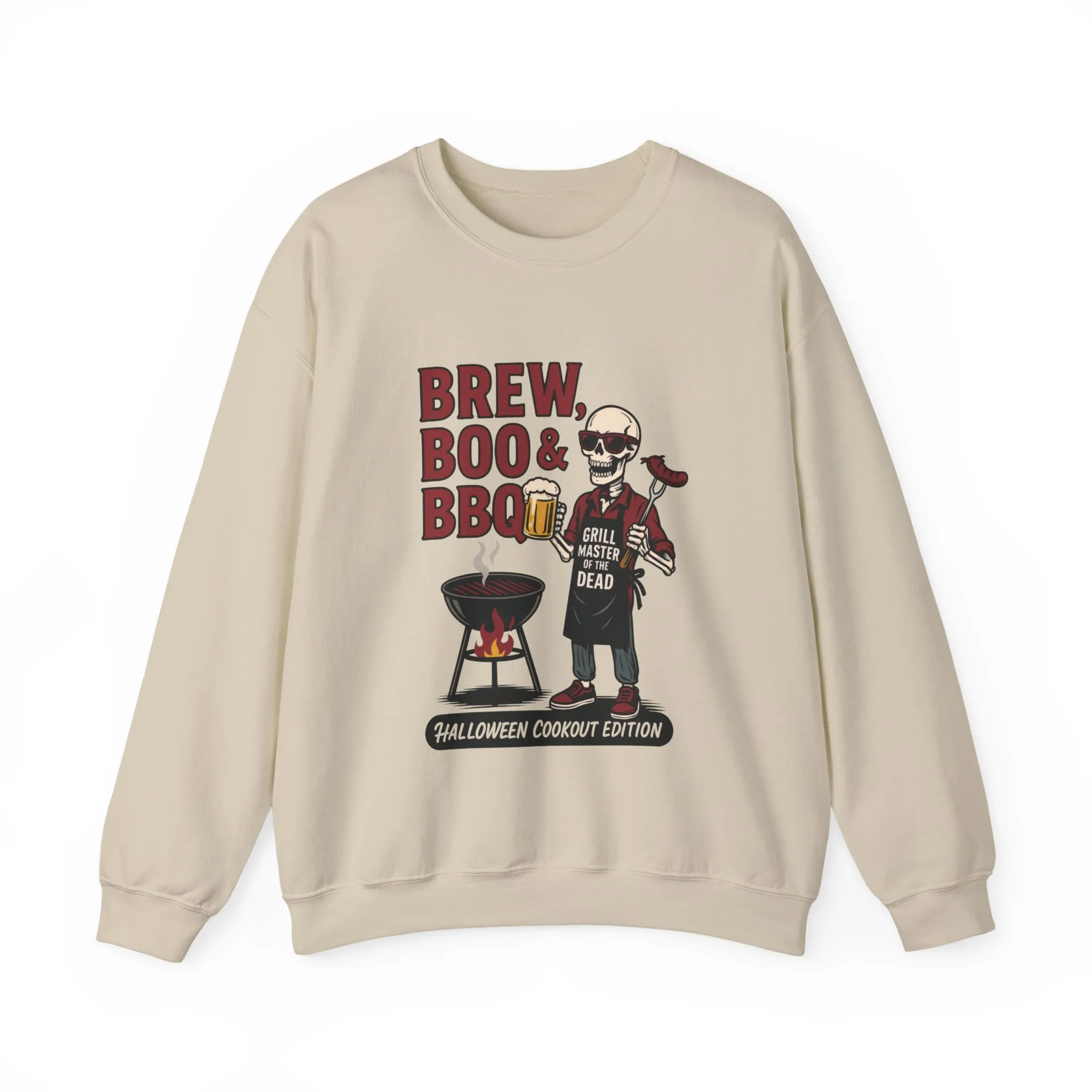 Halloween BBQ Men's Sweatshirt, Brew Boo & BBQ Skeleton Grill Master, Spooky Dad Gift, Skeleton Dad Sweat, Grill Master Crew - Image 2