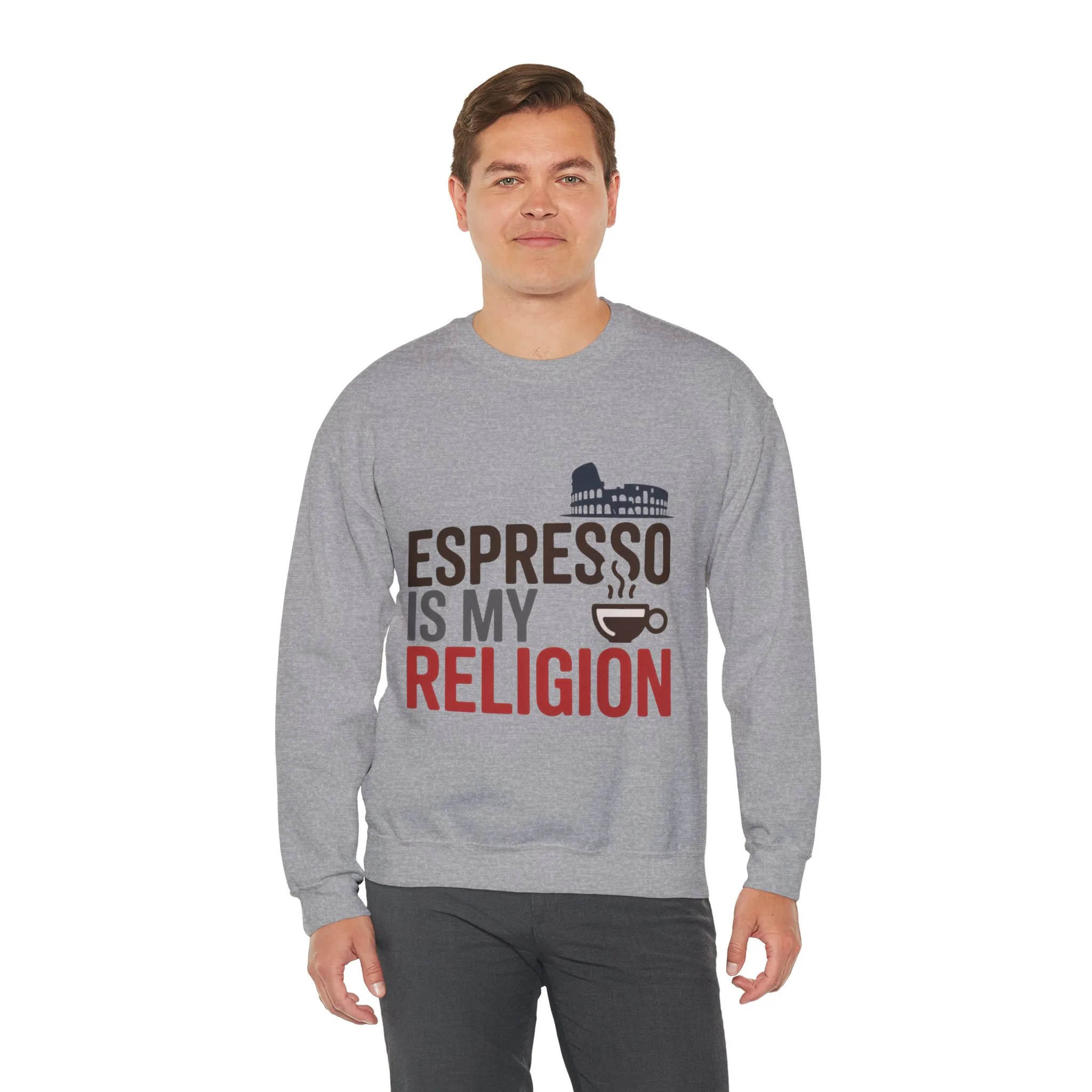 Mens Heavy Blend™ Crewneck Sweatshirt, Espresso Is My Religion Coffee Rome Mens Sweatshirt, Barista Gift, Coffee Lover Gift - Image 9