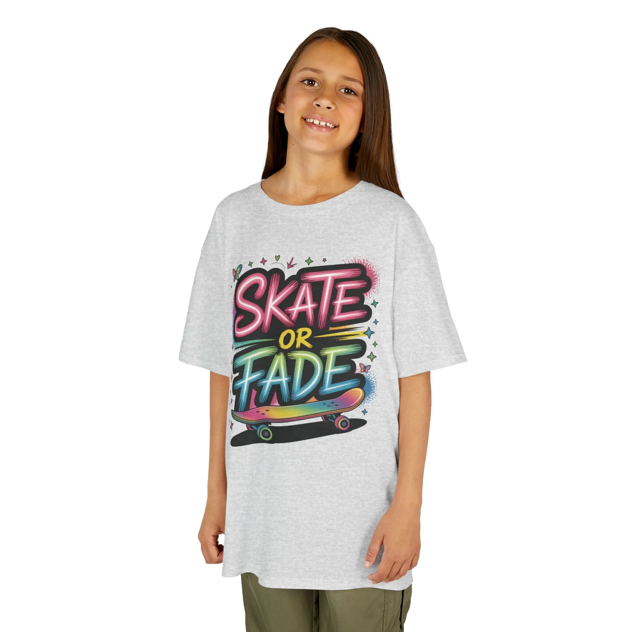 Skate Or Fade Girls Shirt, Colorful Graffiti Skateboarding Tee, Kids Heavy Cotton™ Tee - Image 4