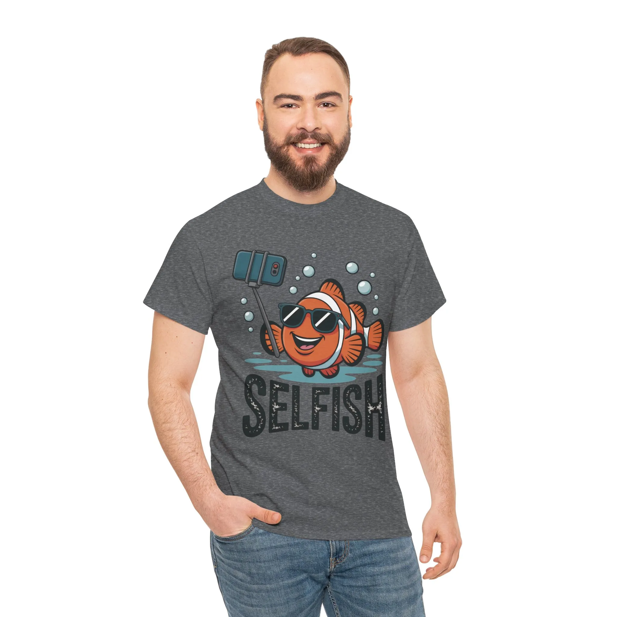 Unisex Heavy Cotton Tee, Mens Selfish Funny Fish T-Shirt, Cute Selfie Graphic Tee, Ocean Humor Shirt - Image 17