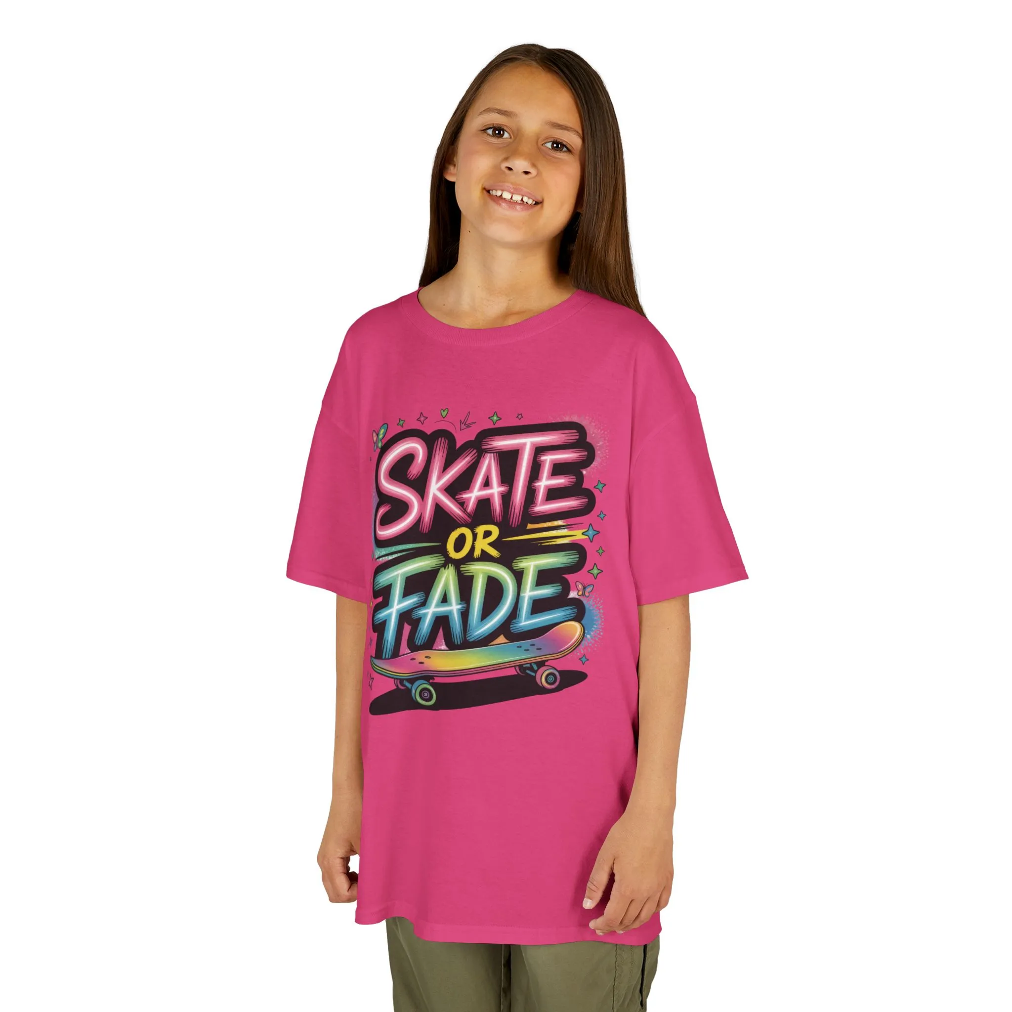 Skate Or Fade Girls Shirt, Colorful Graffiti Skateboarding Tee, Kids Heavy Cotton™ Tee - Image 22