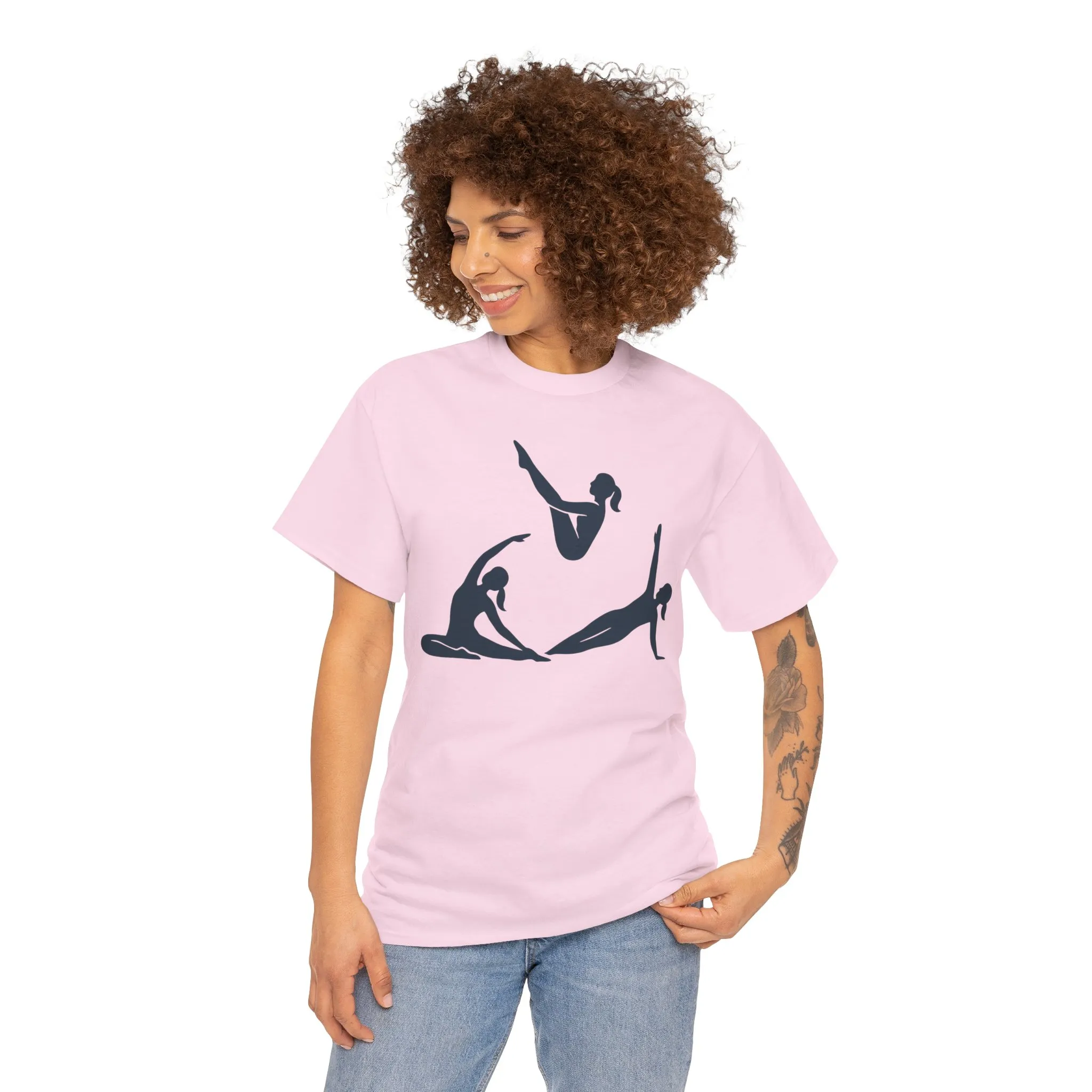 Womens Heavy Cotton Tee, Womens Pilates Graphic T-Shirt, Yoga Fitness Tee, Workout Top with Silhouette Print