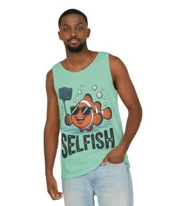Mens Garment-Dyed Tank Top, Mens Selfish Funny Fish Tank Top, Cute Selfie Graphic Shirt, Ocean Humor Top