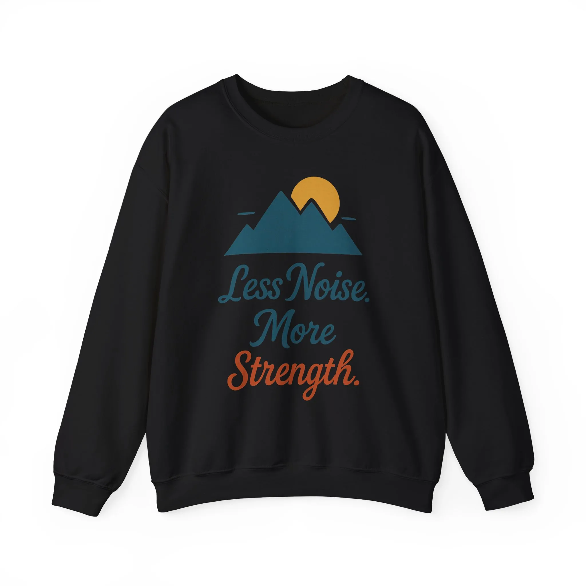 Mens Less Noise More Strength Sweatshirt, Motivational Mountain Pullover Top, Mens Heavy Blend™ Crewneck Sweatshirt - Image 4