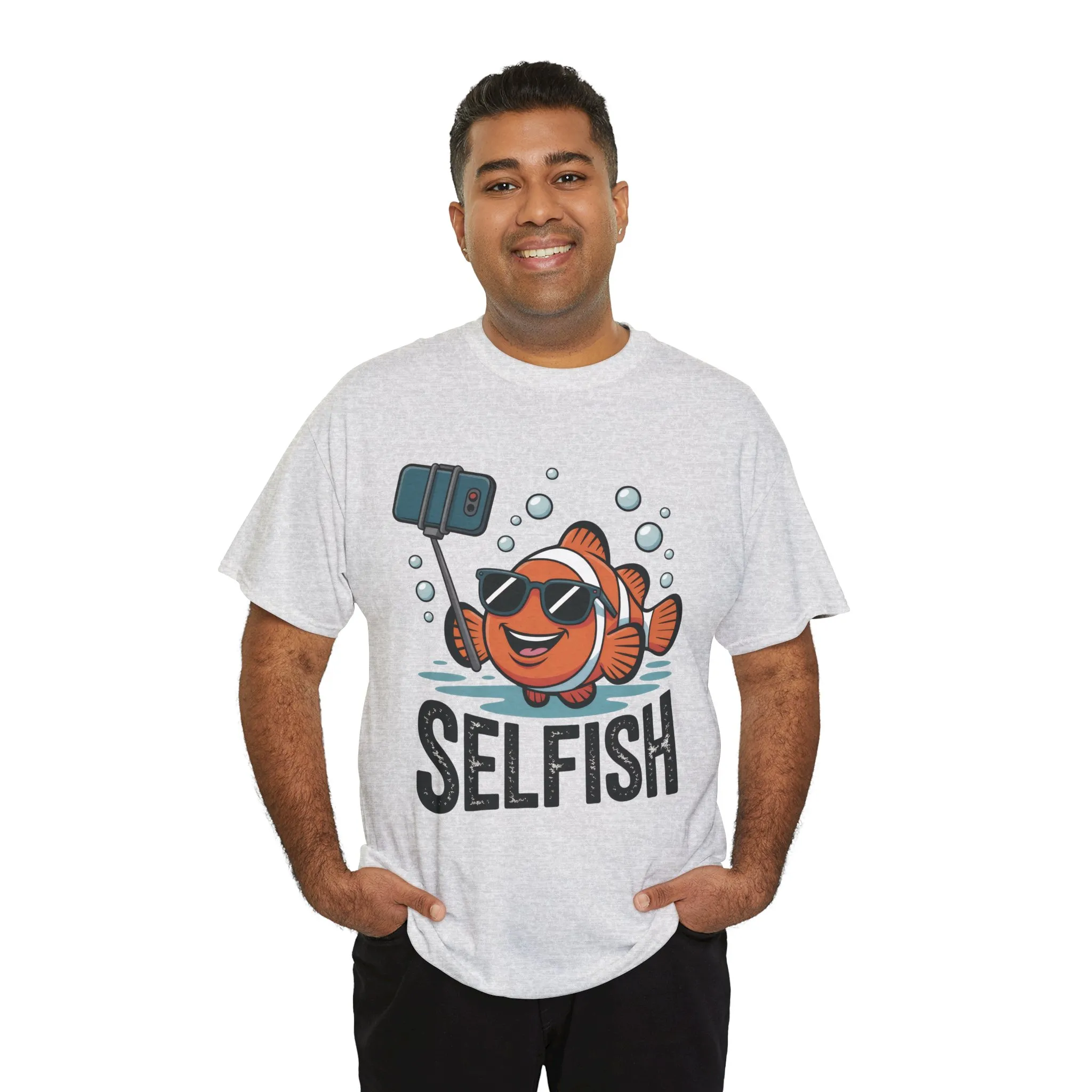 Unisex Heavy Cotton Tee, Mens Selfish Funny Fish T-Shirt, Cute Selfie Graphic Tee, Ocean Humor Shirt - Image 6