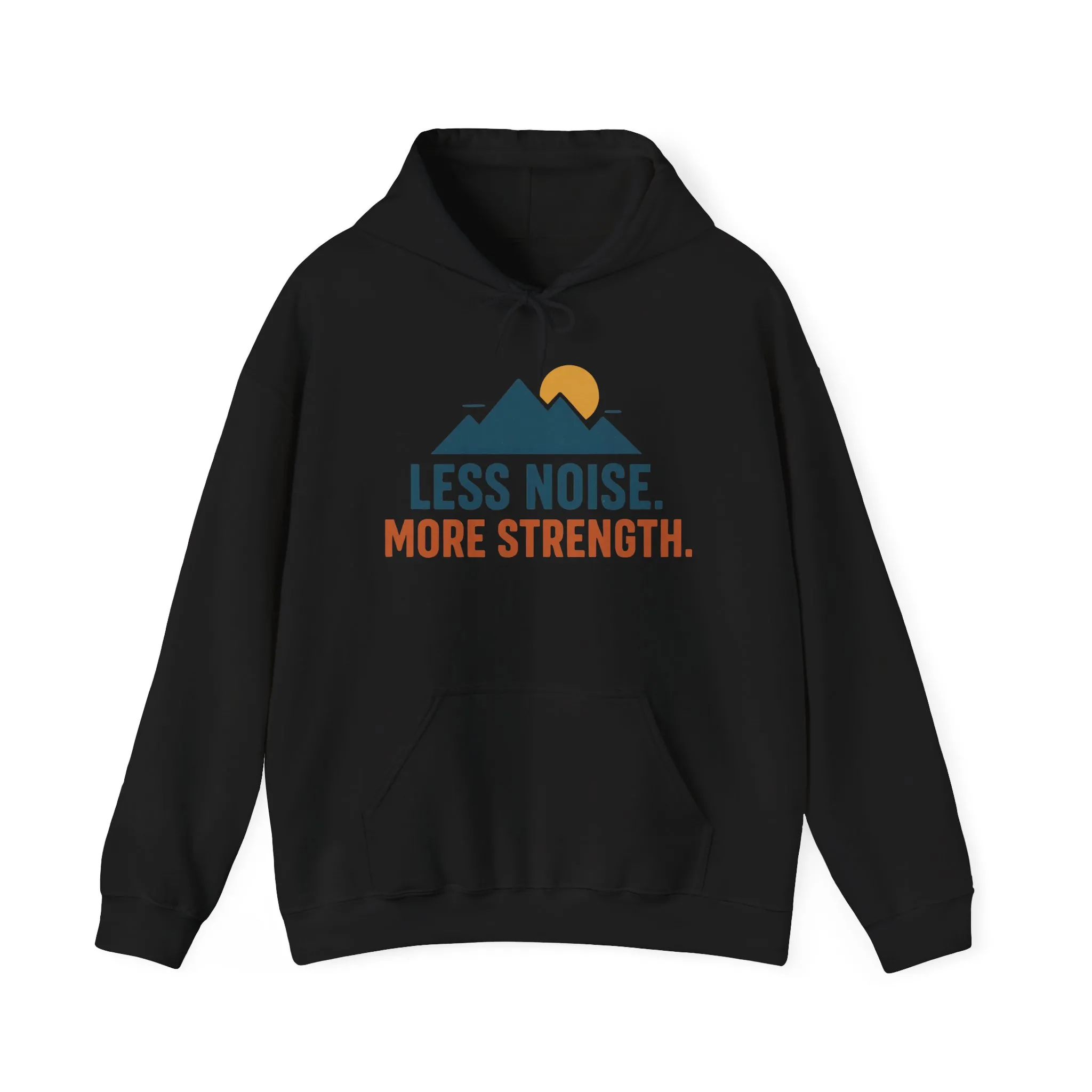 Men’s Less Noise More Strength Hoodie, Motivational Mountain Graphic Pullover, Mens Heavy Blend™ Hooded Sweatshirt - Image 3