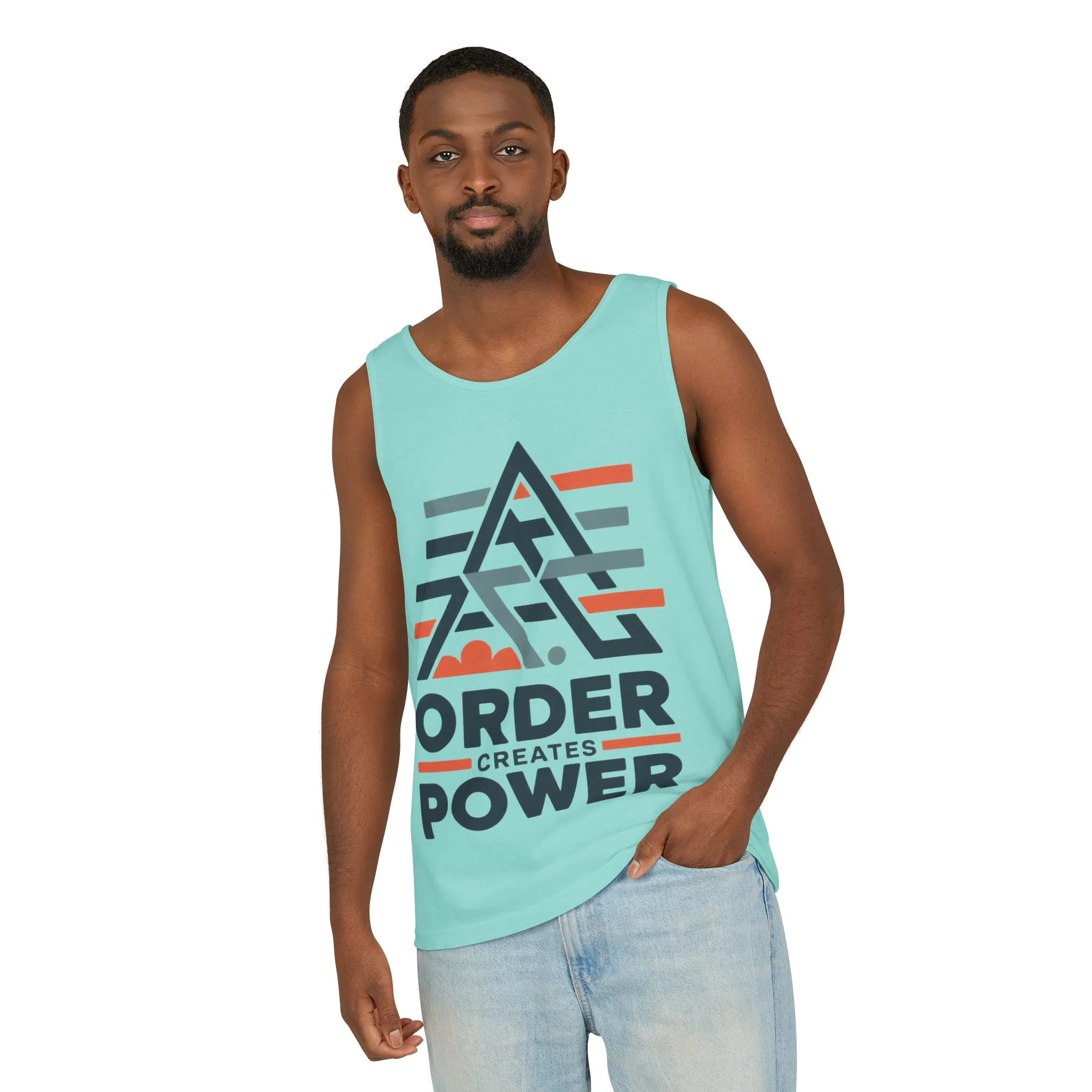 Mens Garment-Dyed Tank Top, Mens Tank Top Order Creates Power, Minimal Geometric Motivational Graphic Summer Shirt - Image 12