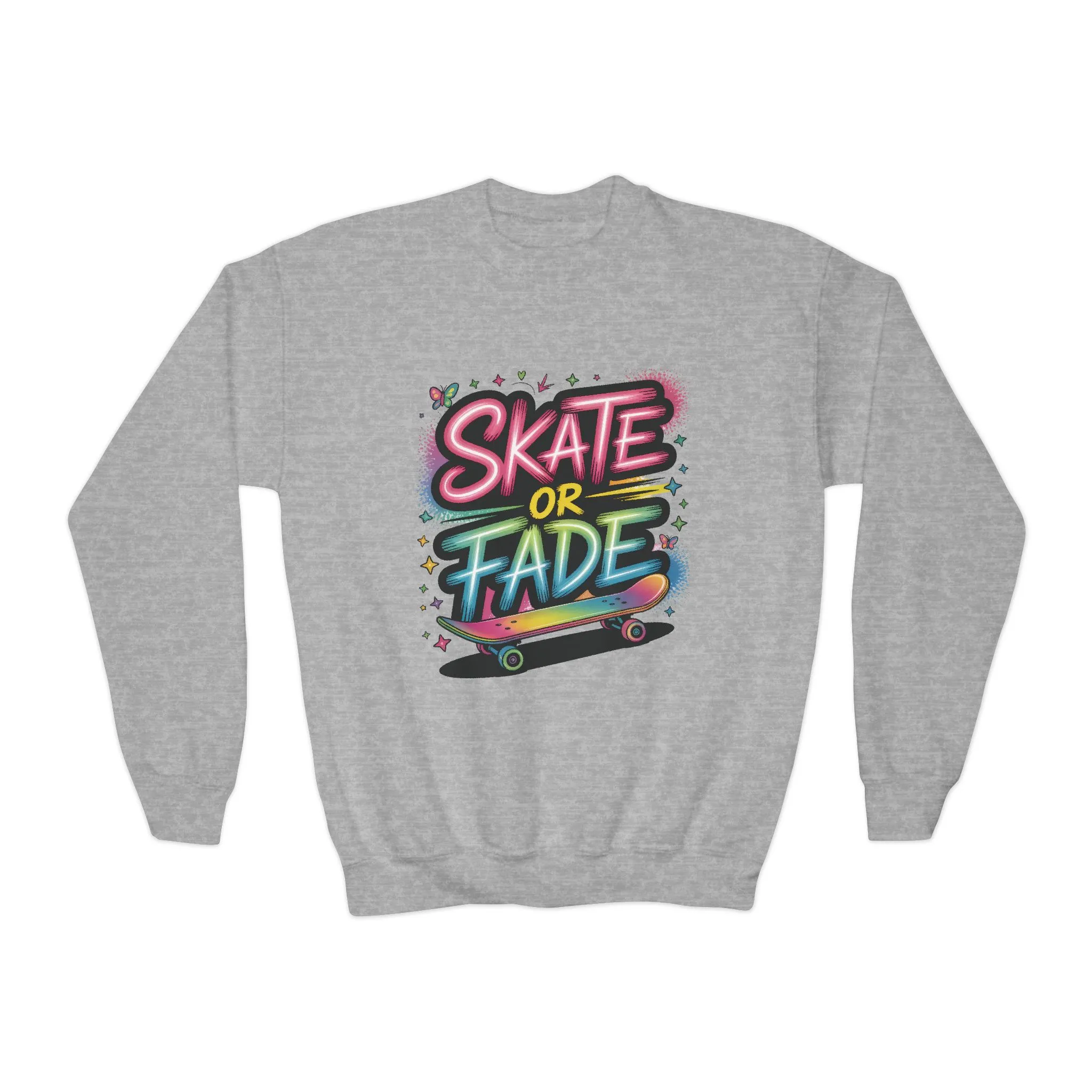 Youth Crewneck Sweatshirt, Skate Or Fade Girls Sweatshirt, Colorful Graffiti Skateboarding Crewneck Sweatshirt, Youth Streetwear Gift - Image 8