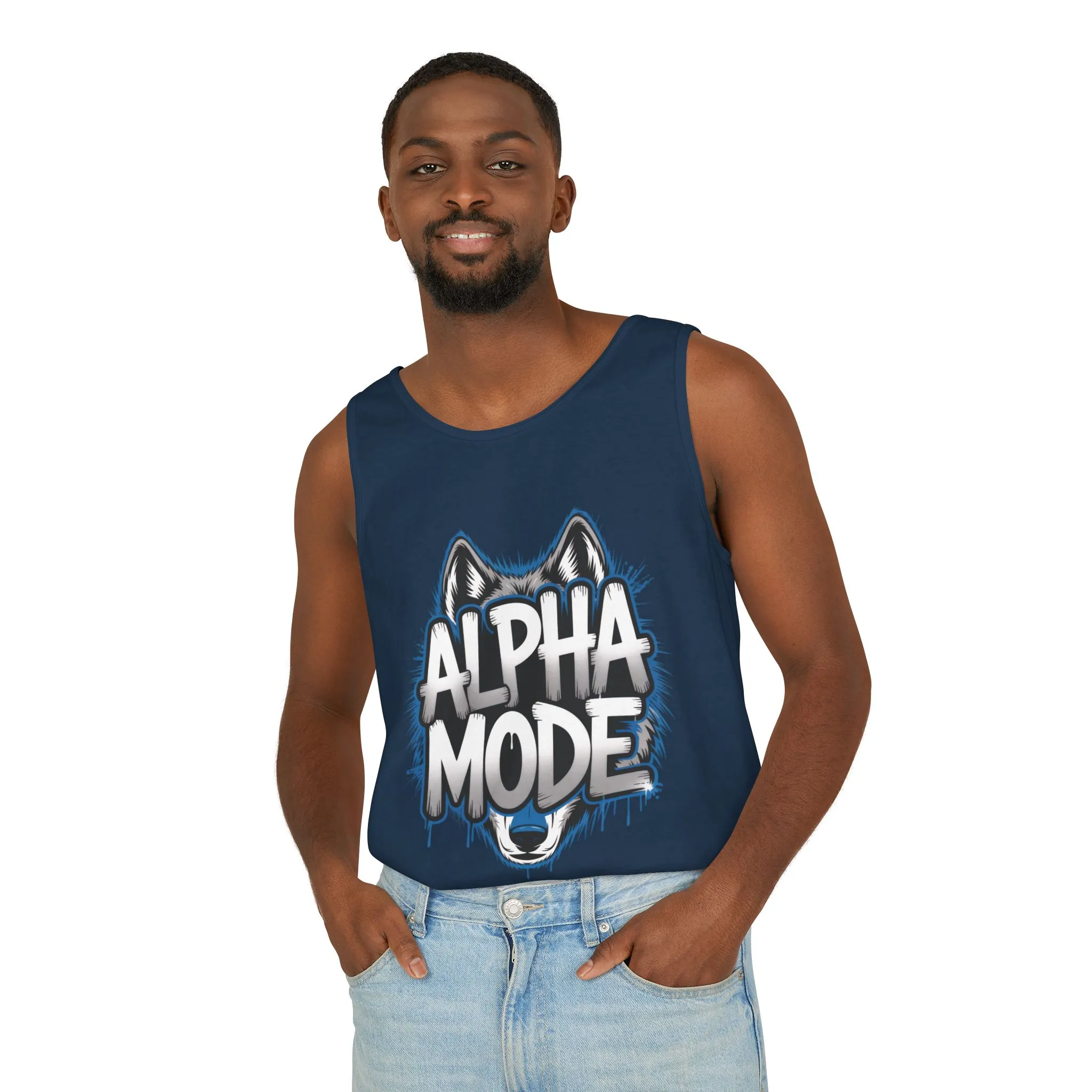 Mens Garment-Dyed Tank Top, Alpha Mode Wolf Graphic Mens Tank Top Gym Wear - Image 27