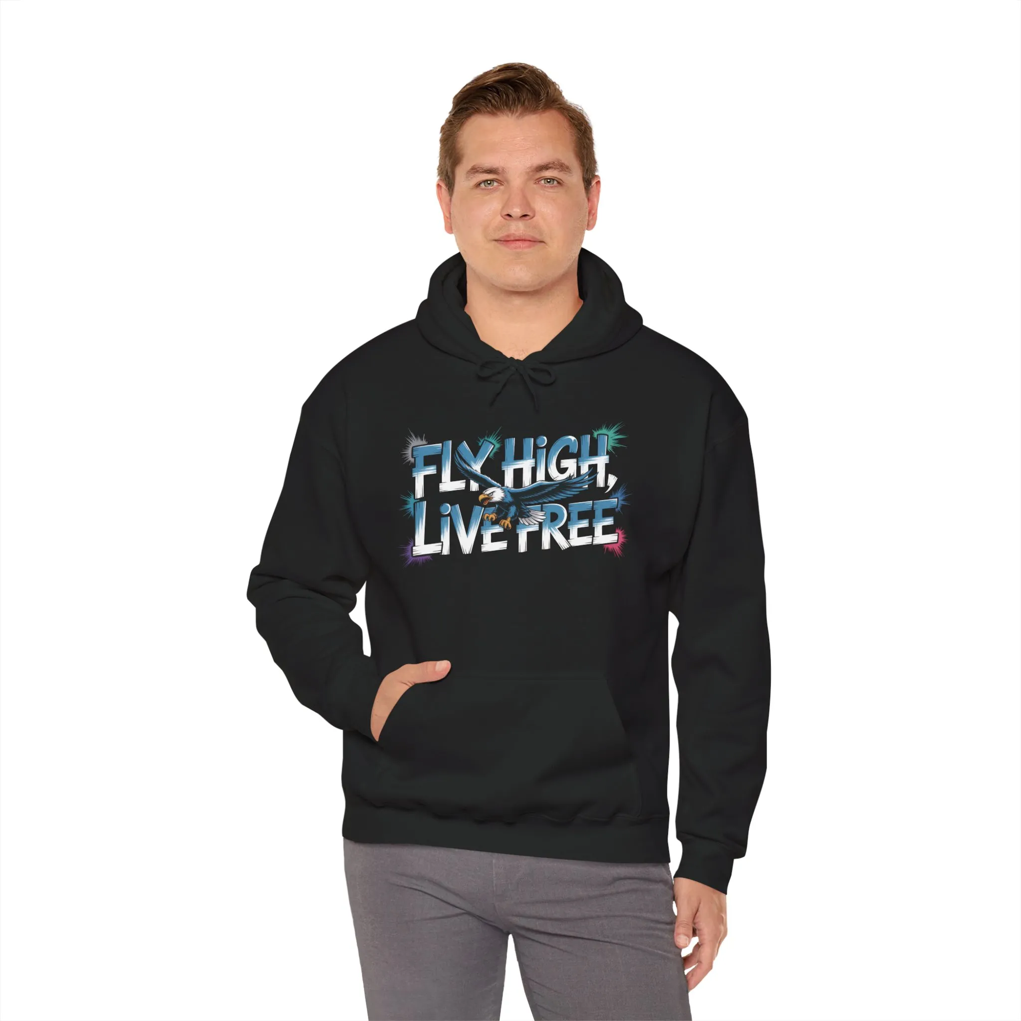Mens Heavy Blend™ Hooded Sweatshirt, Fly High Live Free Eagle Mens Hoodie Streetwear - Image 8