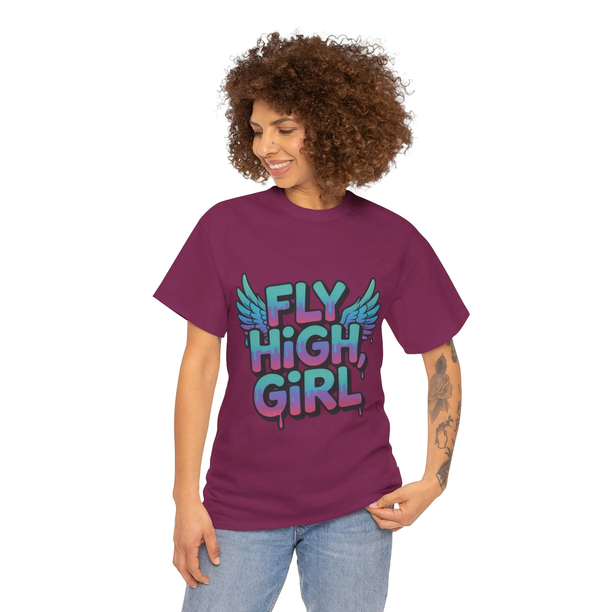 Women's Graphic Tee Fly High Girl, Angel Wings Graffiti Drip T-Shirt, Bold Streetwear Top - Image 26