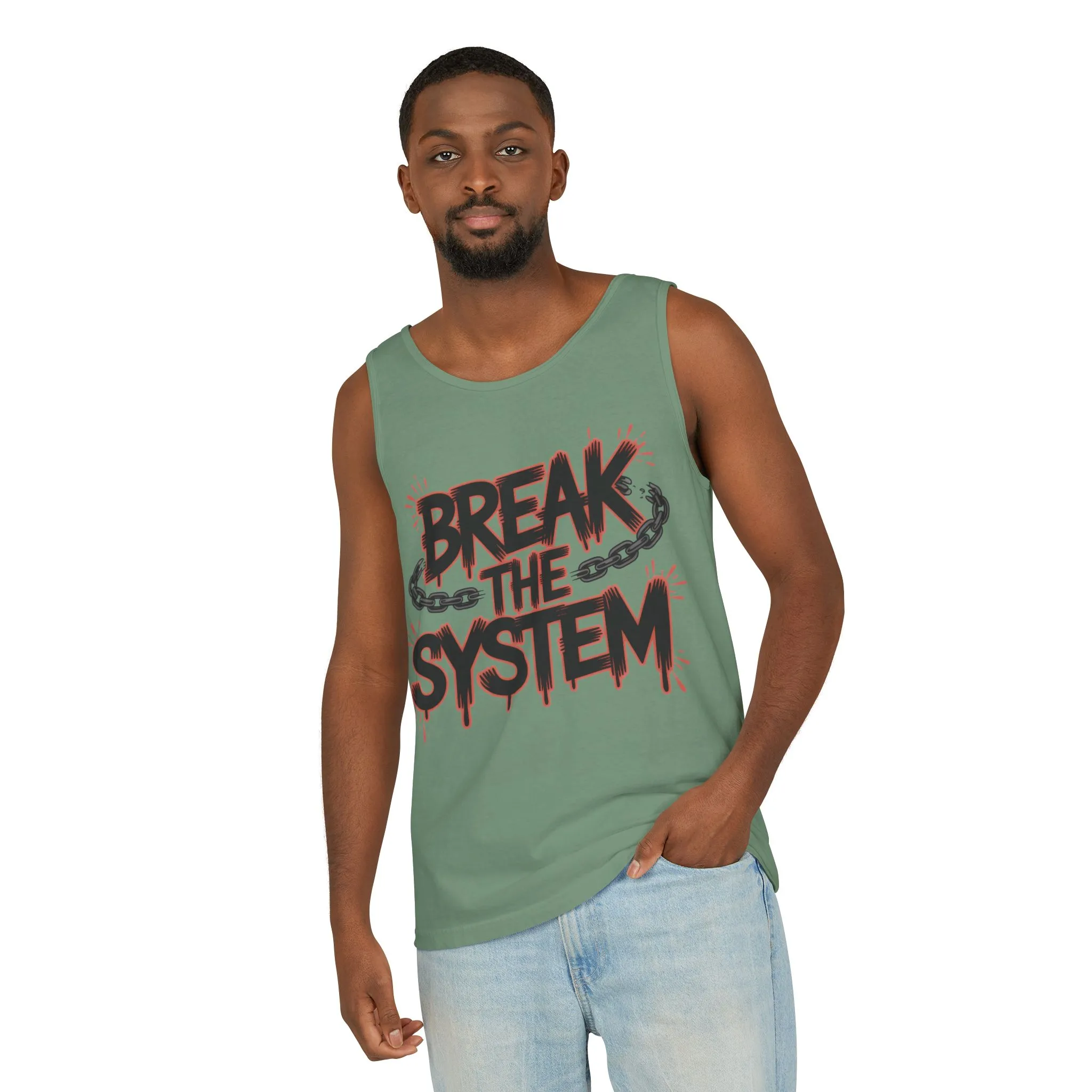 Men's Garment-Dyed Tank Top, Break the System Tank Top, Graphic Protest Muscle Tee, Streetwear Activist Summer Top - Image 13