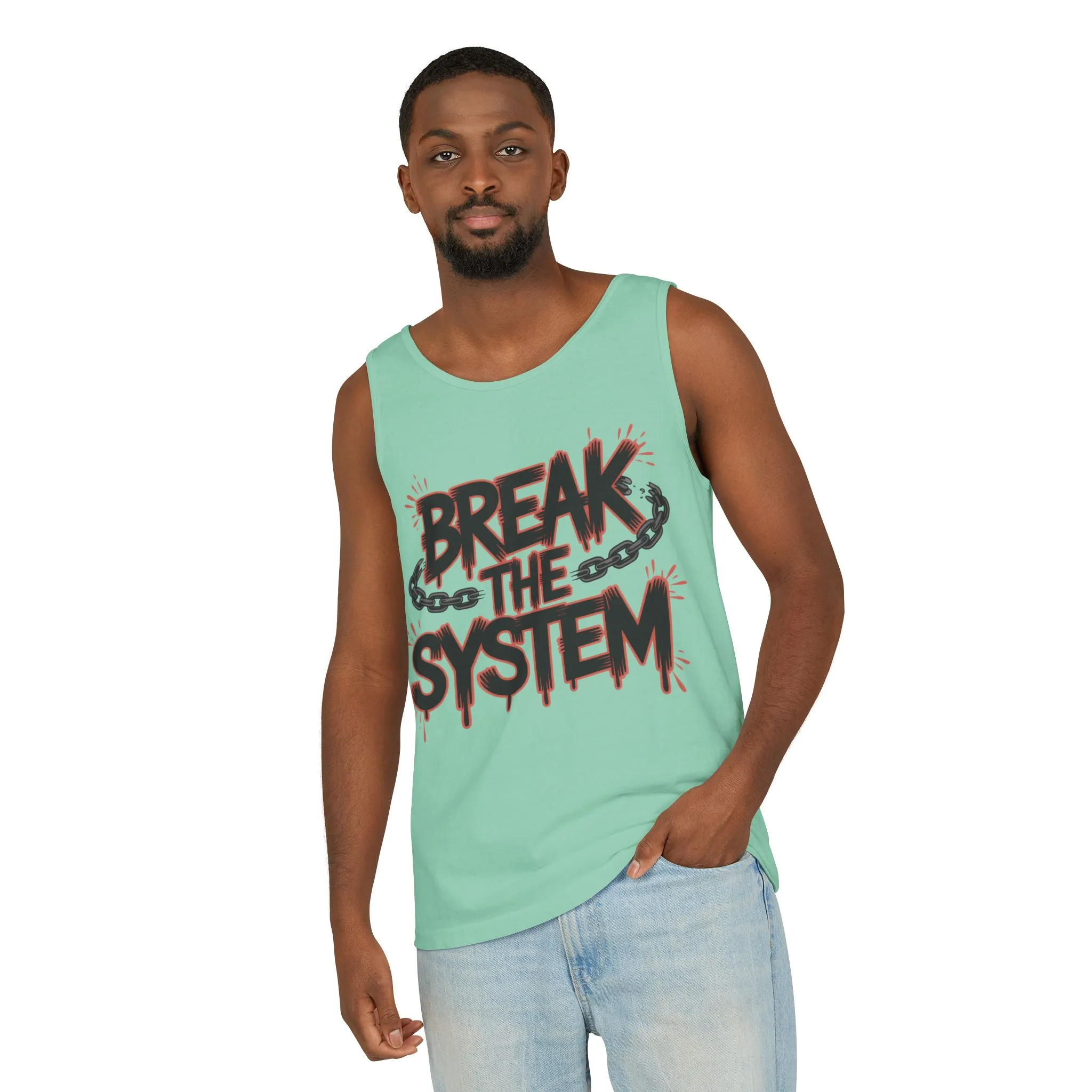 Men's Garment-Dyed Tank Top, Break the System Tank Top, Graphic Protest Muscle Tee, Streetwear Activist Summer Top - Image 10