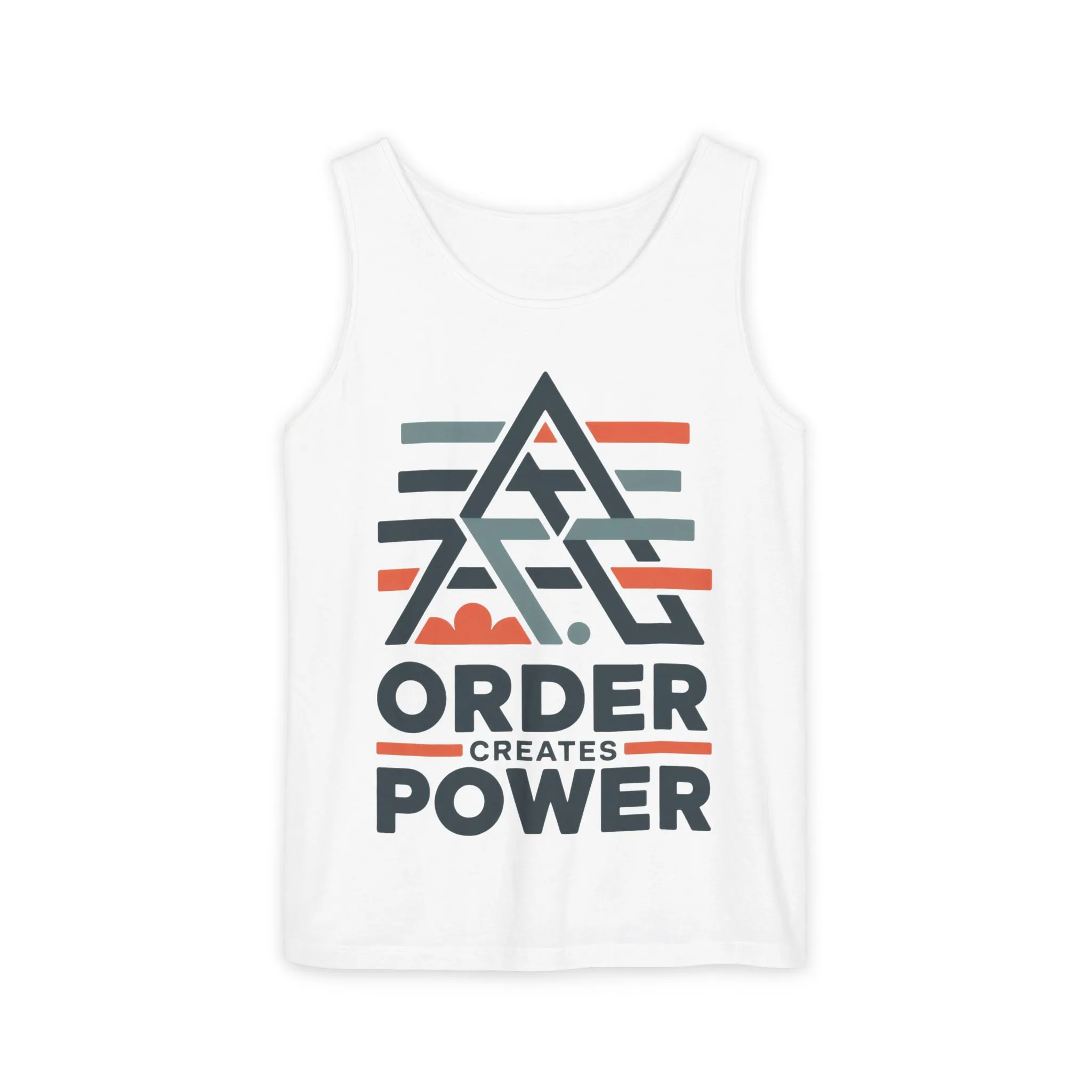 Mens Garment-Dyed Tank Top, Mens Tank Top Order Creates Power, Minimal Geometric Motivational Graphic Summer Shirt - Image 2