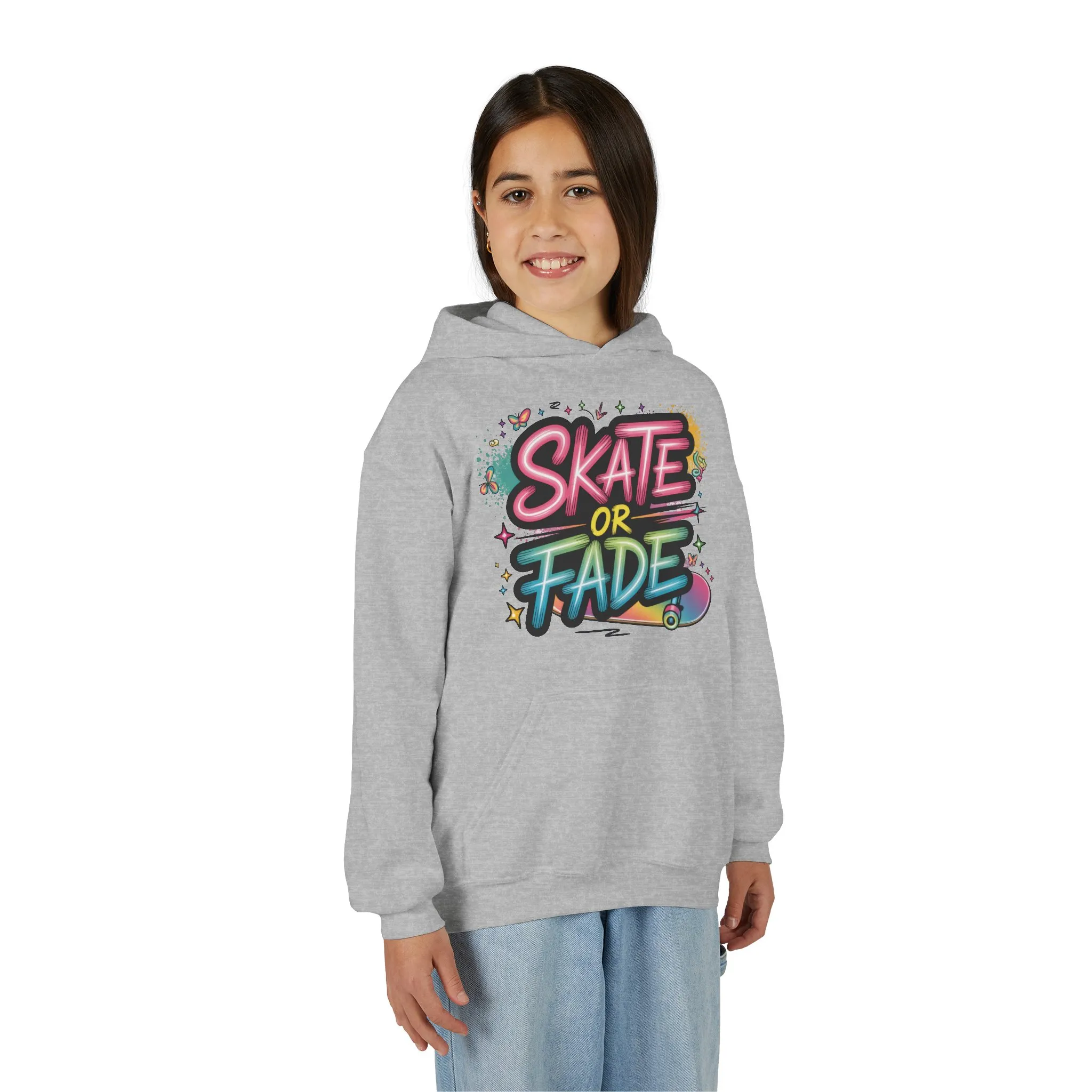 Youth Heavy Blend Hooded Sweatshirt, Skate Or Fade Girls Shirt, Colorful Graffiti Skateboarding Hoodie - Image 4