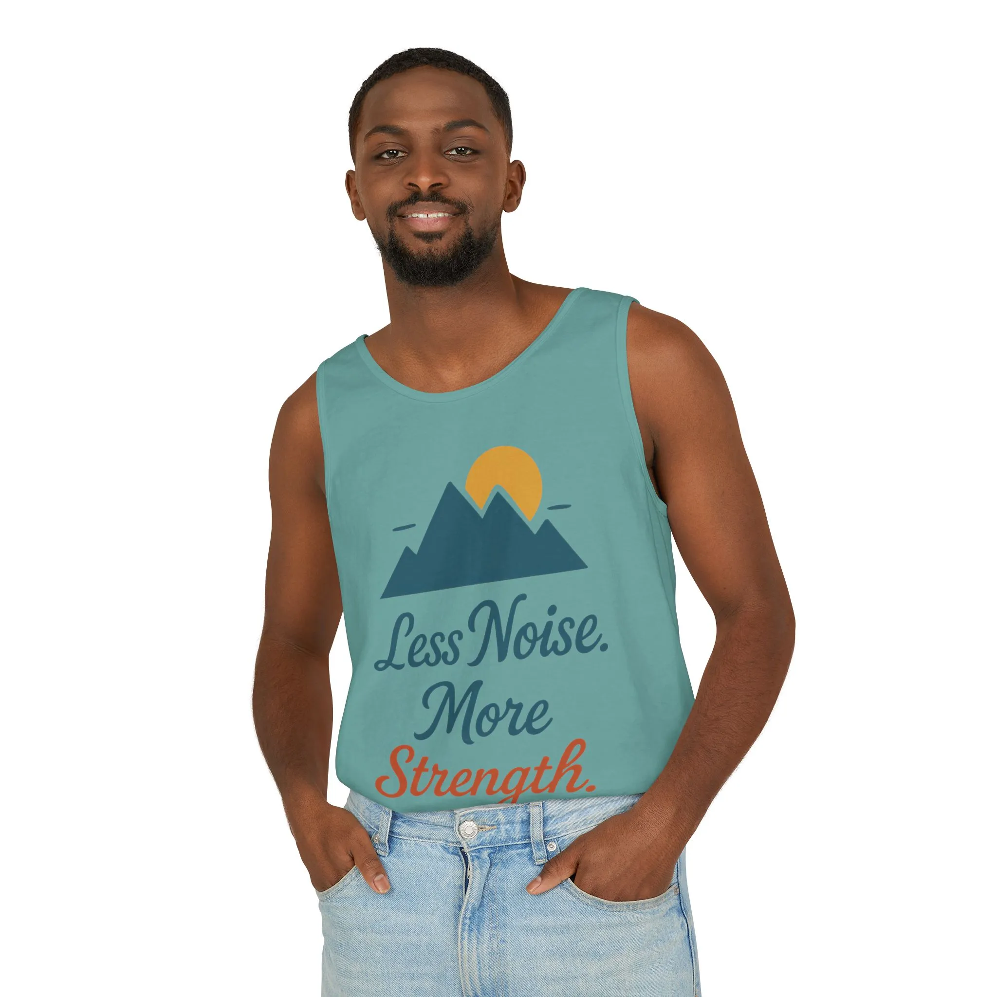 Mens Garment-Dyed Tank Top, Mens Less Noise More Strength Tank Top, Minimal Mountain Fitness Graphic Shirt - Image 18