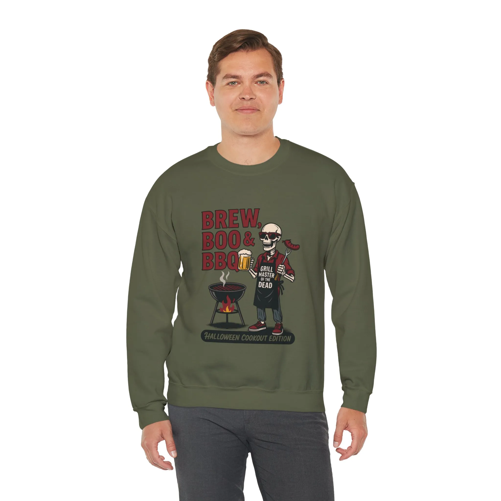 Halloween BBQ Men's Sweatshirt, Brew Boo & BBQ Skeleton Grill Master, Spooky Dad Gift, Skeleton Dad Sweat, Grill Master Crew - Image 9