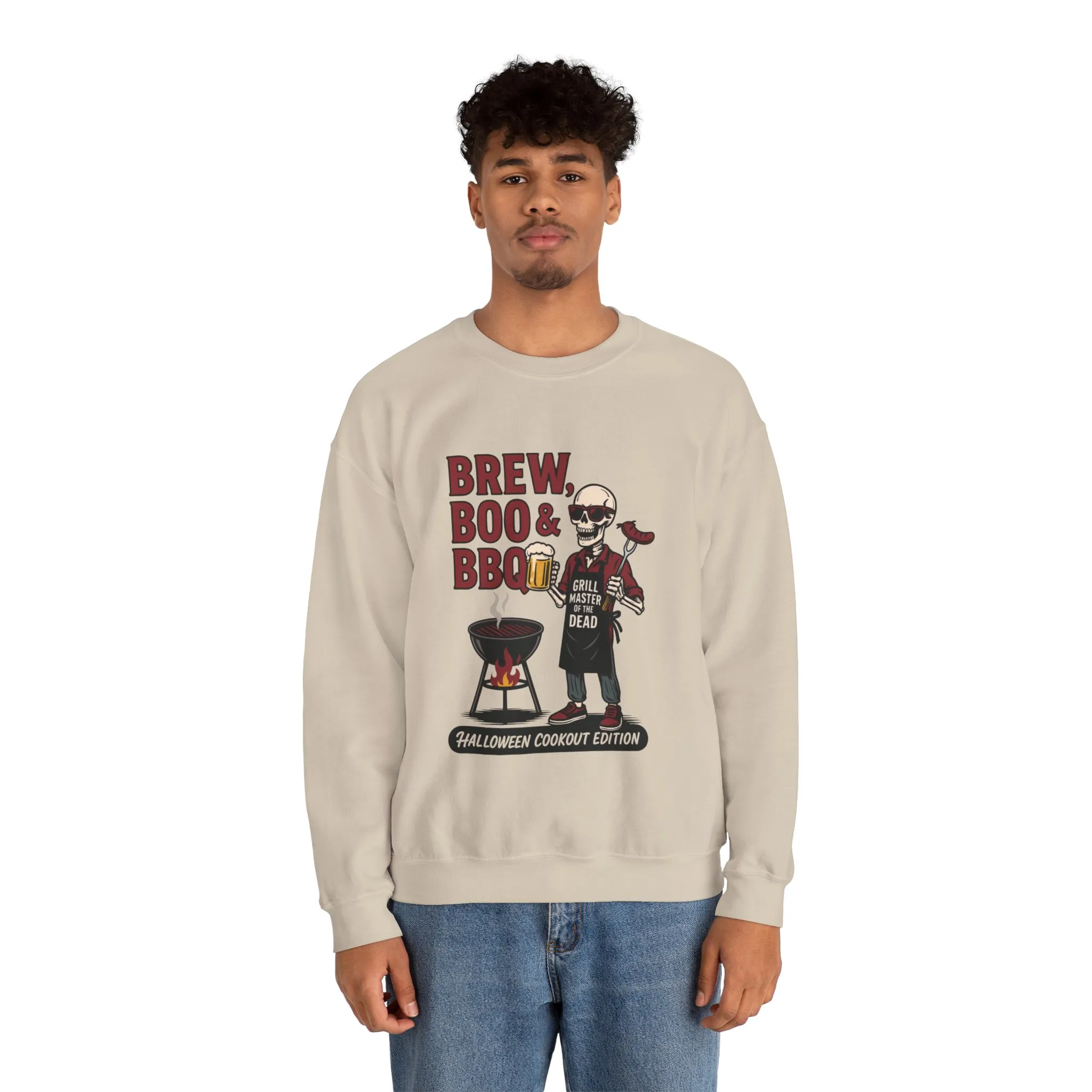 Halloween BBQ Men's Sweatshirt, Brew Boo & BBQ Skeleton Grill Master, Spooky Dad Gift, Skeleton Dad Sweat, Grill Master Crew - Image 3