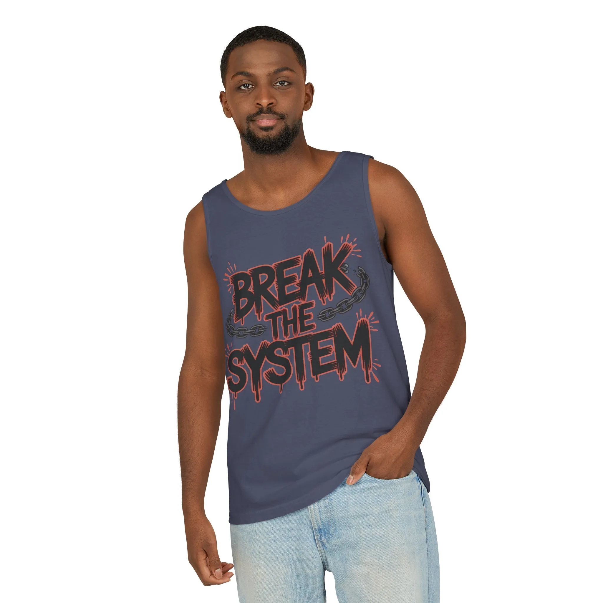 Men's Garment-Dyed Tank Top, Break the System Tank Top, Graphic Protest Muscle Tee, Streetwear Activist Summer Top - Image 19