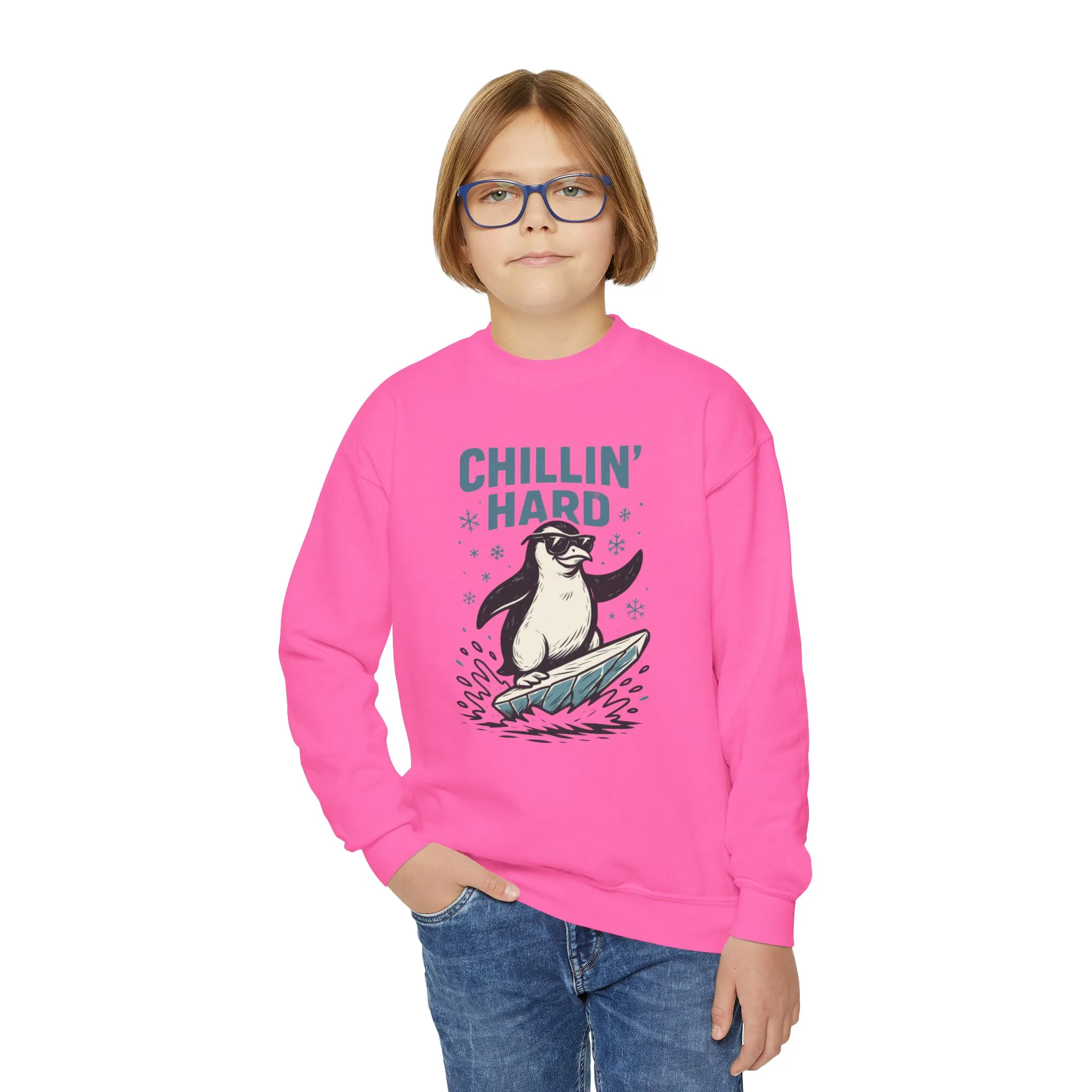 Youth Crewneck Sweatshirt, Kids Chillin Hard Penguin Sweatshirt, Funny Cool Animal Pullover for Children - Image 11