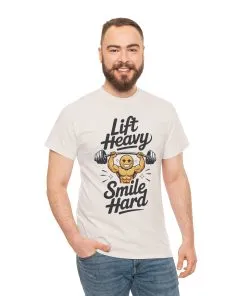 Mens Lift Heavy Smile Hard T-Shirt, Funny Gym Workout Graphic Tee, Mens Gym Tshirt