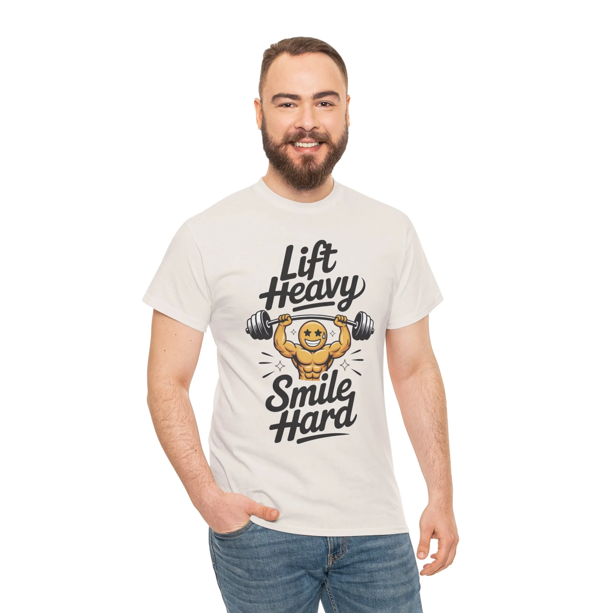 Mens Lift Heavy Smile Hard T-Shirt, Funny Gym Workout Graphic Tee, Mens Gym Tshirt