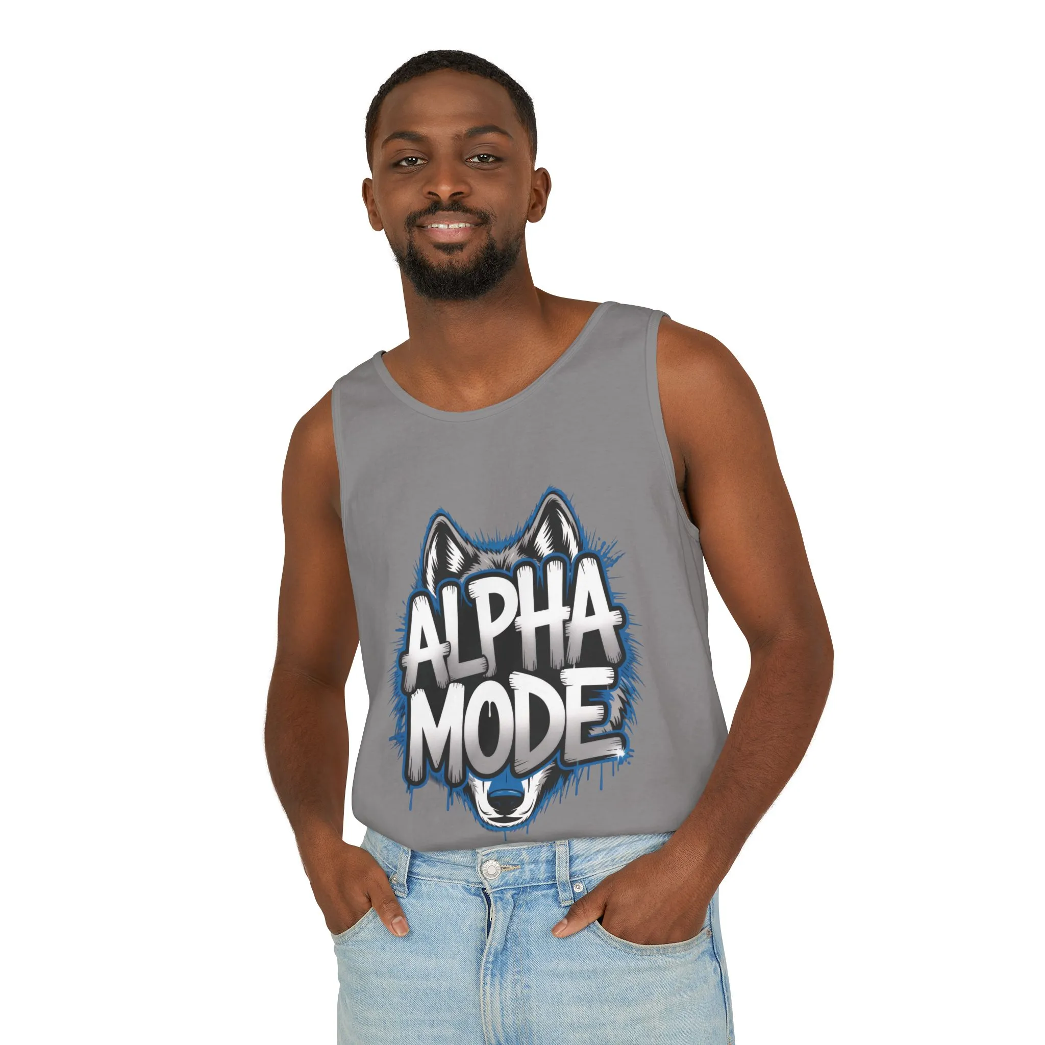 Mens Garment-Dyed Tank Top, Alpha Mode Wolf Graphic Mens Tank Top Gym Wear - Image 30