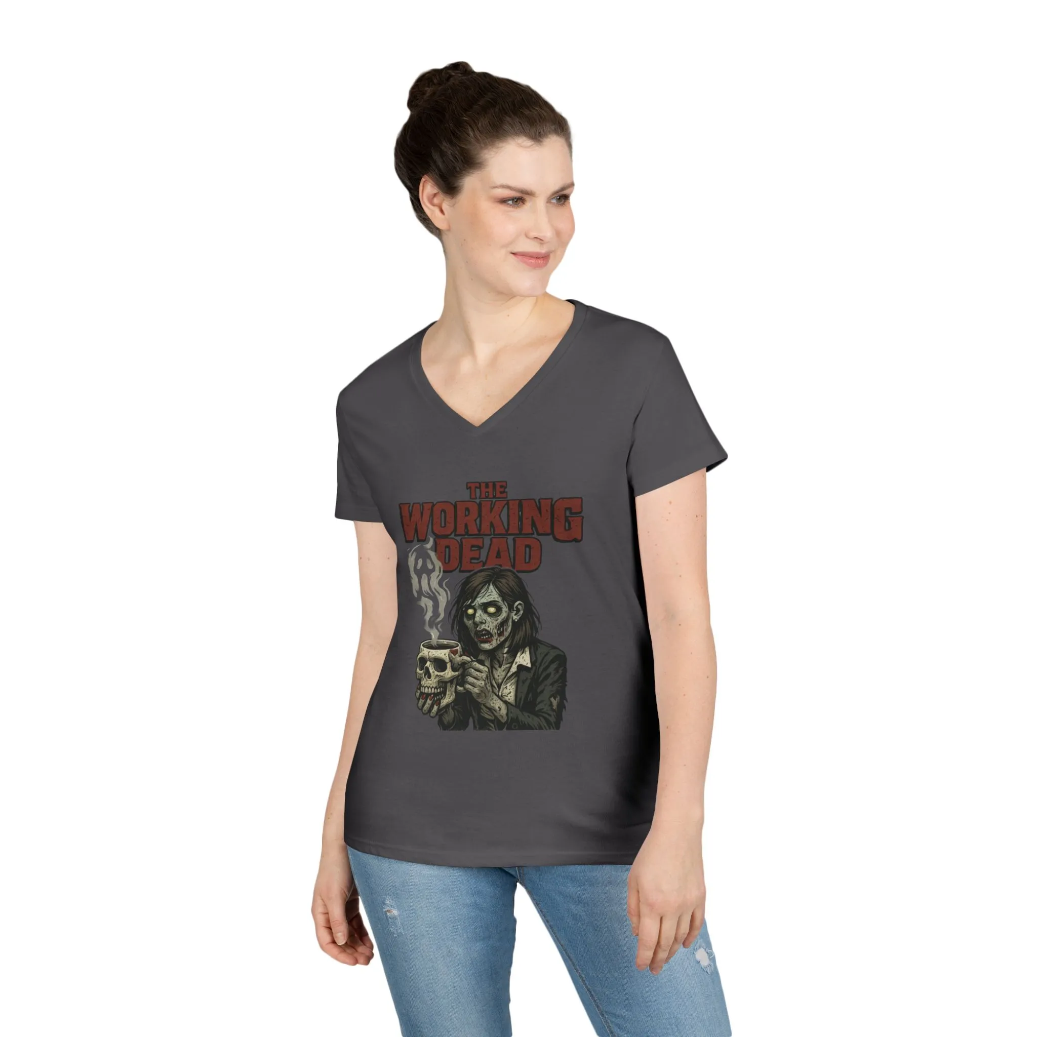 Ladies' V-Neck T-Shirt, The Working Dead Women's Zombie Funny Office T-Shirt, Meeting Humor Tee, Halloween Work Tee - Image 12