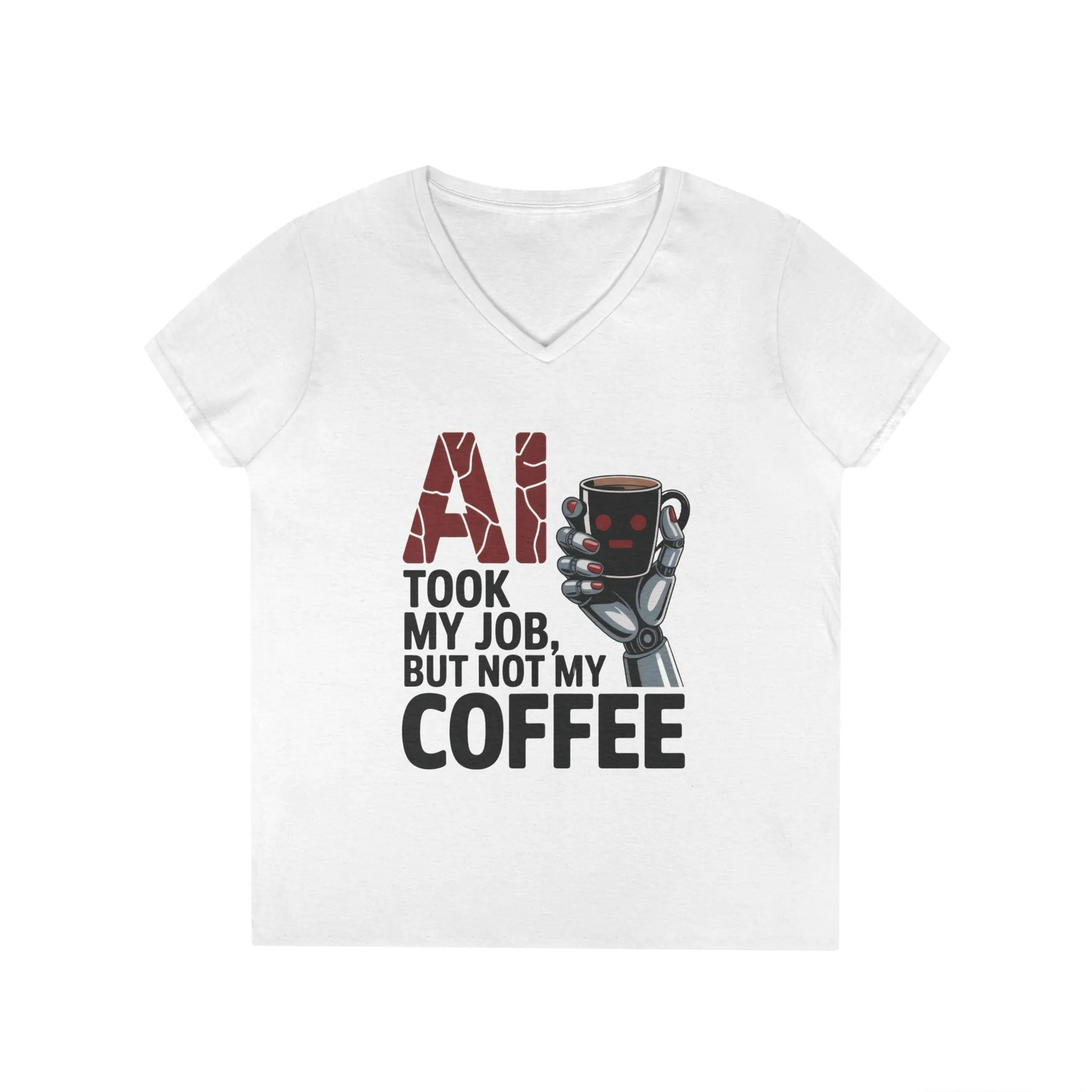 Ladies' V-Neck T-Shirt, Women's AI Coffee T-Shirt, Funny Robot Job Humor Tee, Geek Sarcastic Gift for Her, Sarcastic Work Shirt - Image 4