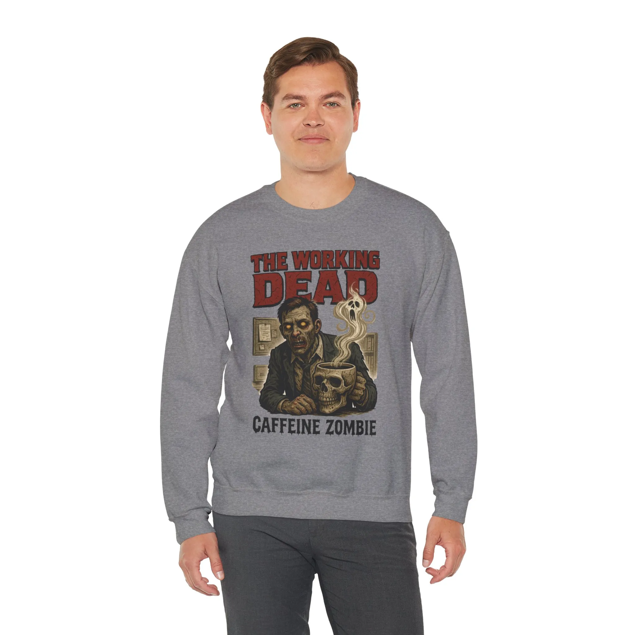 The Working Dead Men's Funny Zombie Sweatshirt, Office Humor Crewneck, Halloween Zombie Top, Coffee Zombie Sweatshirt - Image 15